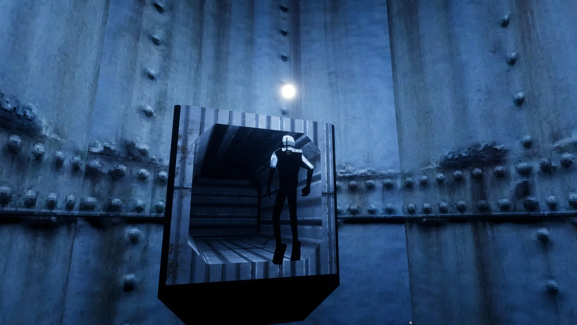 MEGANAUT: Character entering a metal corridor inside a vast industrial megastructure with dim lighting.