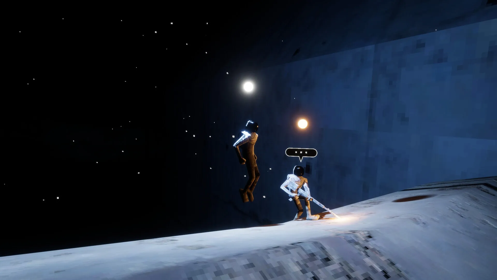 MEGANAUT: Two characters with glowing suits in a dark, starry environment, one floating, one kneeling