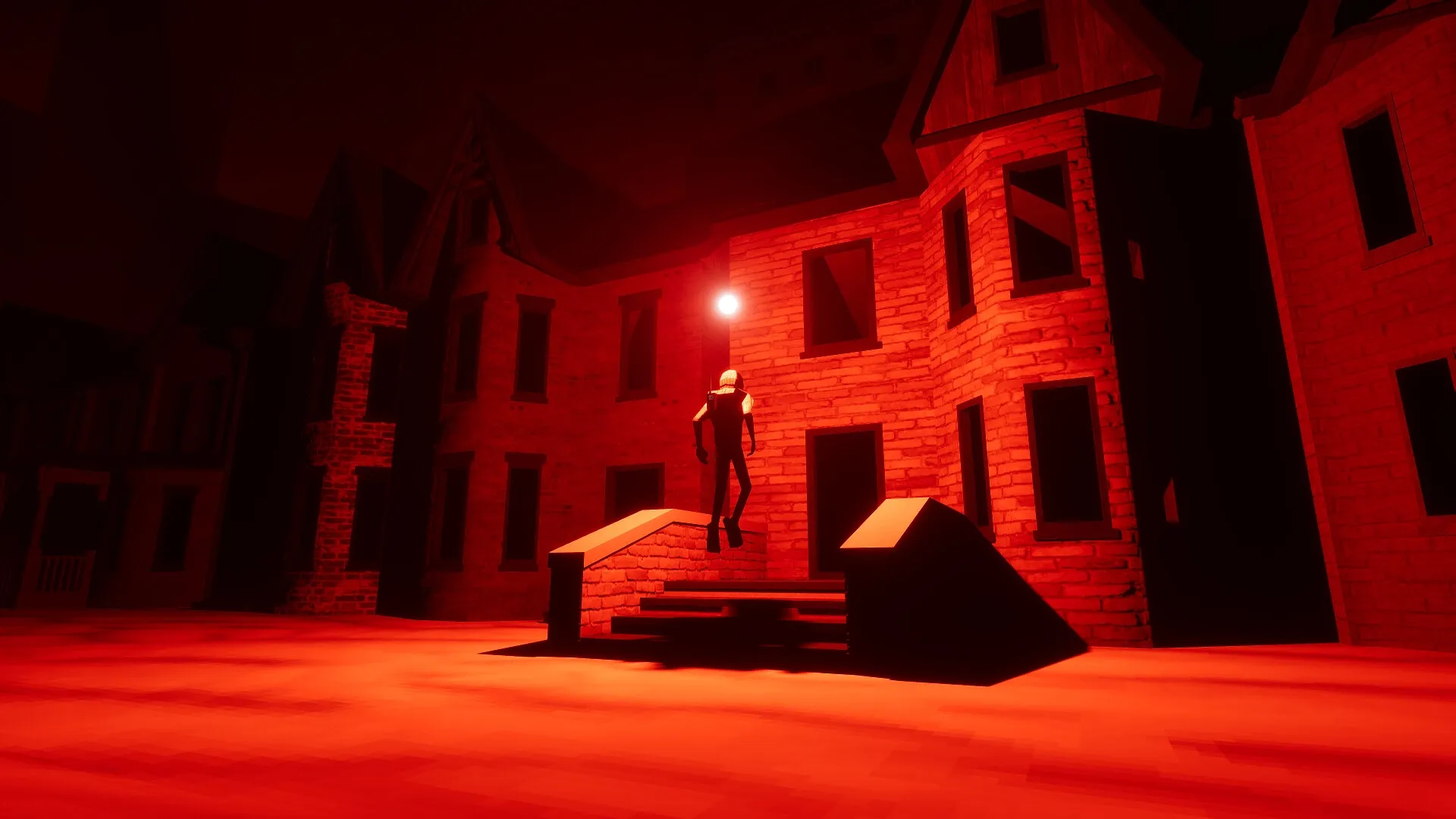 MEGANAUT: Character levitates near eerie red-lit brick buildings in a dark, ominous environment.