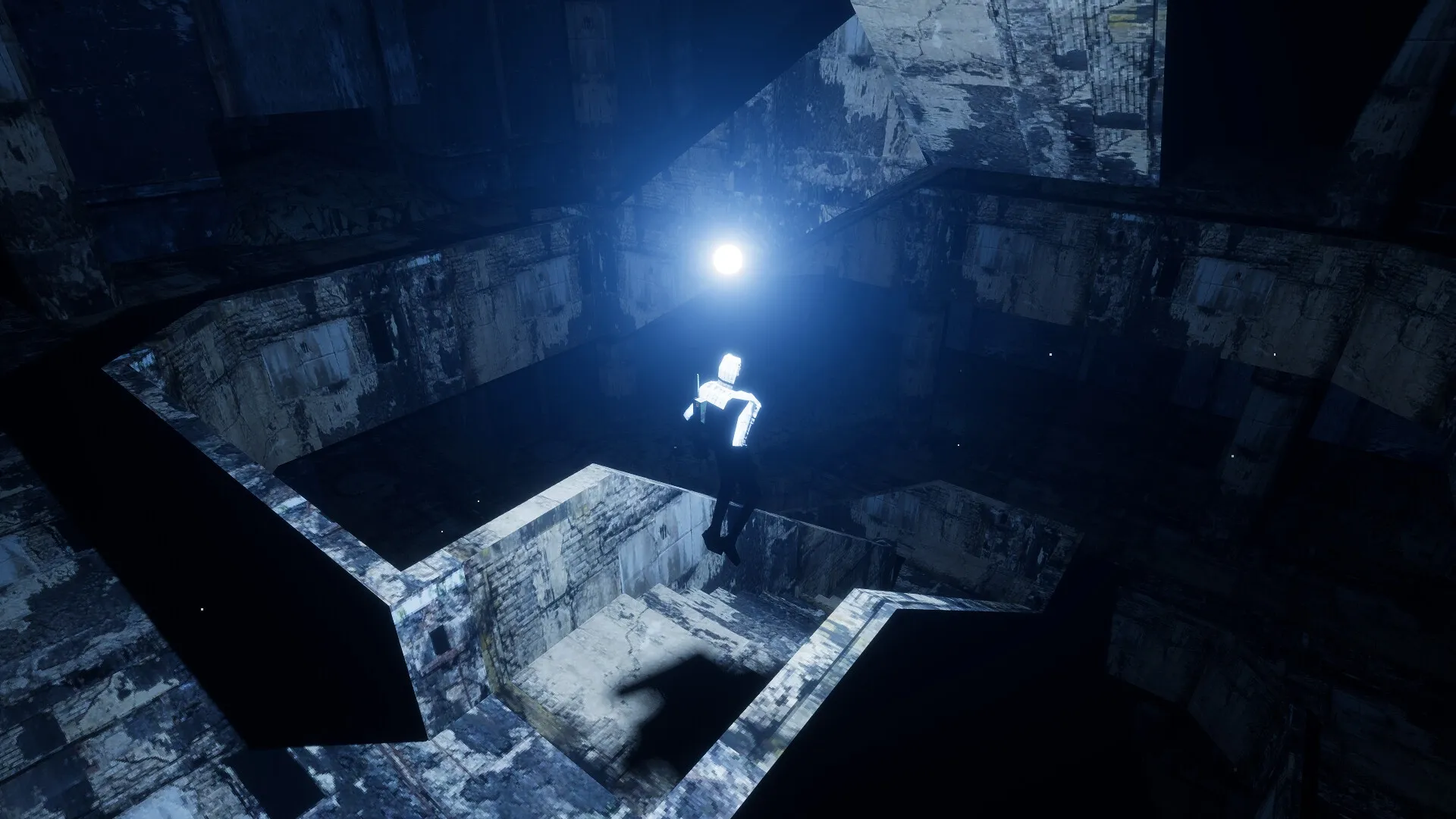 MEGANAUT: Player character hovers over dark industrial chasm lit by glowing orb in a vast structure