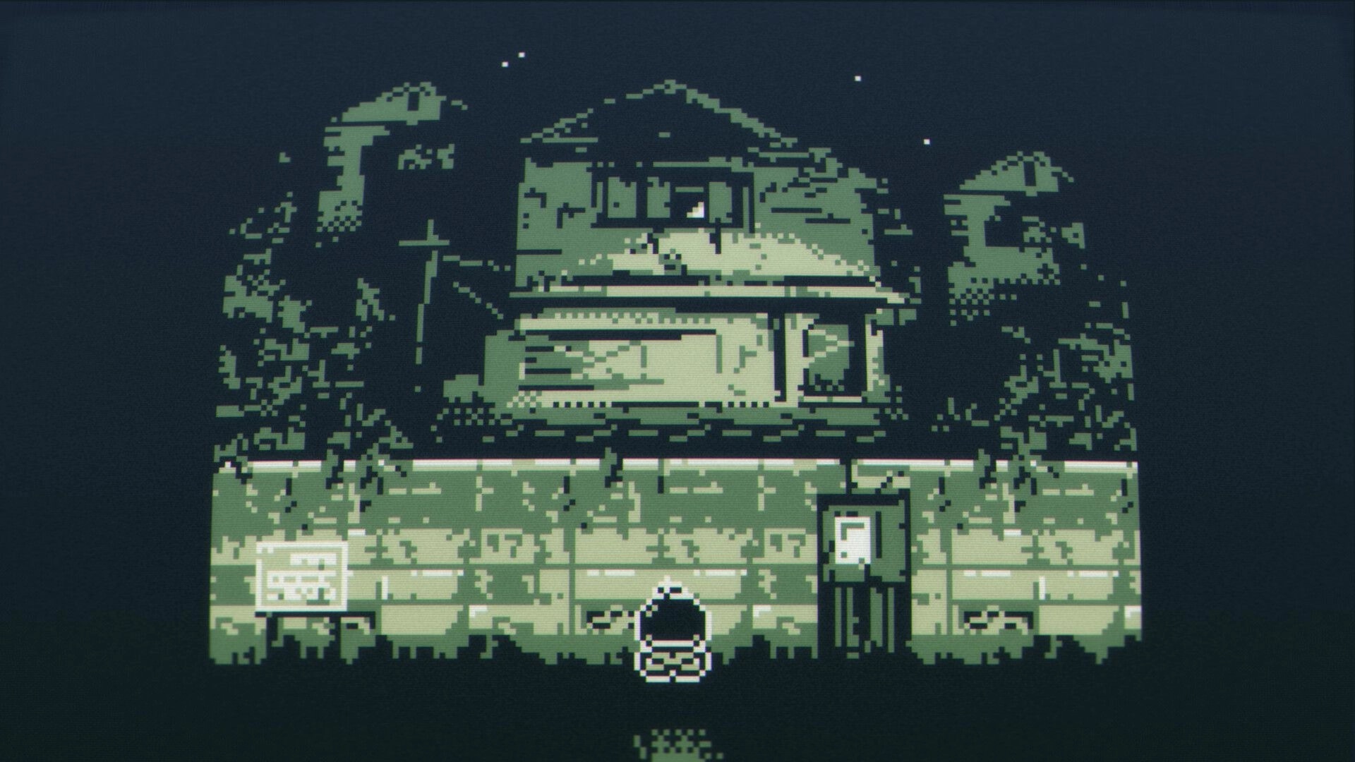 Membrane: Small character stands by a locked door outside a ruined building under a starry sky.