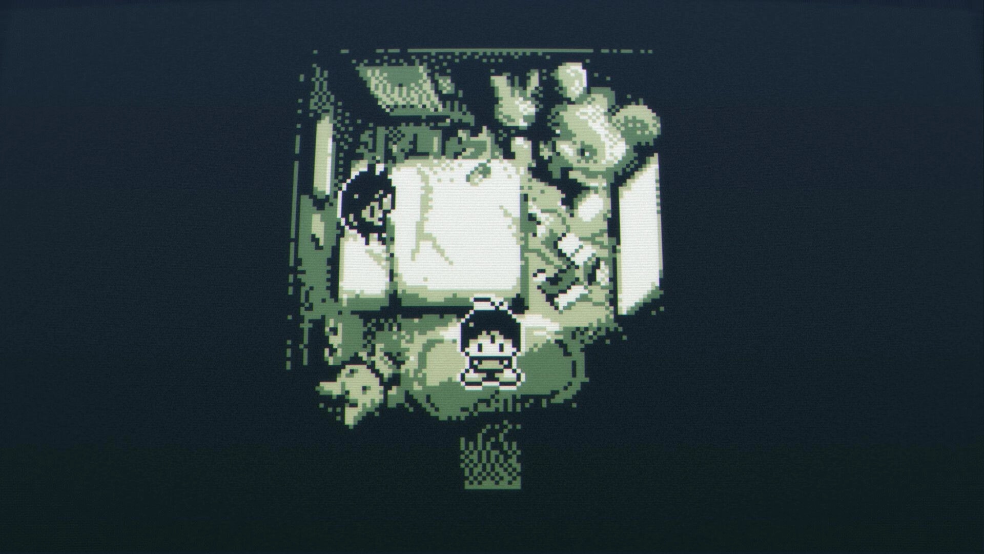 Membrane: Top-down pixel scene of a child by a bed and teddy bear in a cluttered bedroom.