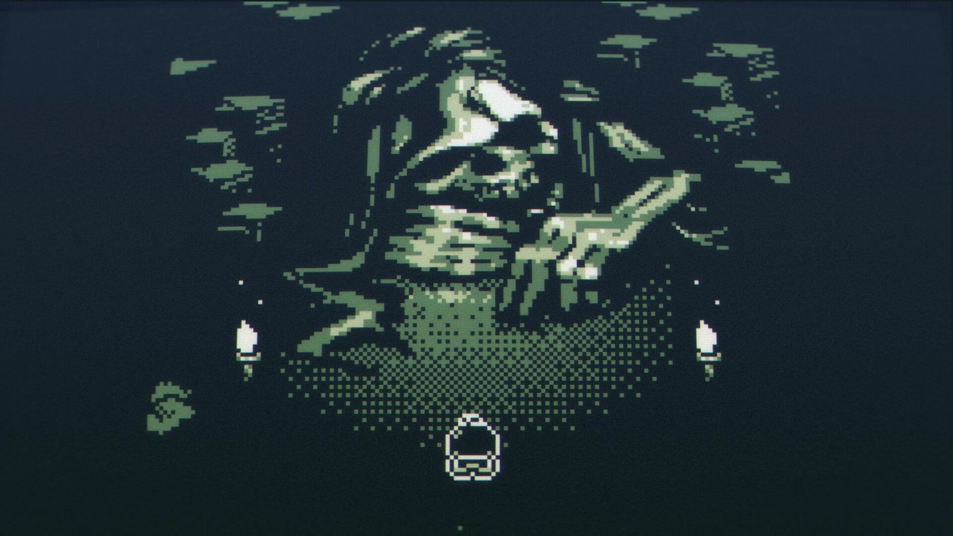 Membrane: Pixel-art close-up of a crying woman on brick wall with candles and a small HUD icon below.