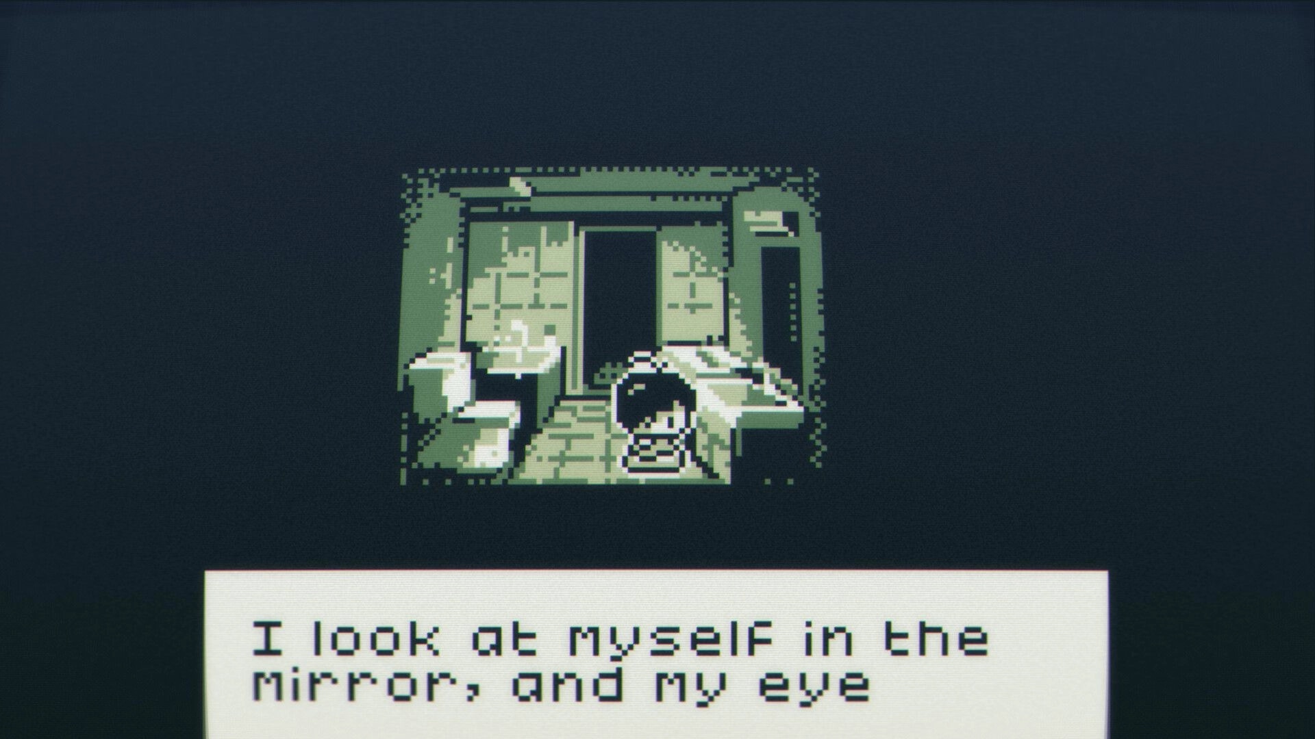 Membrane: Dialogue box over pixel character facing mirror in cramped bathroom with toilet and sink.