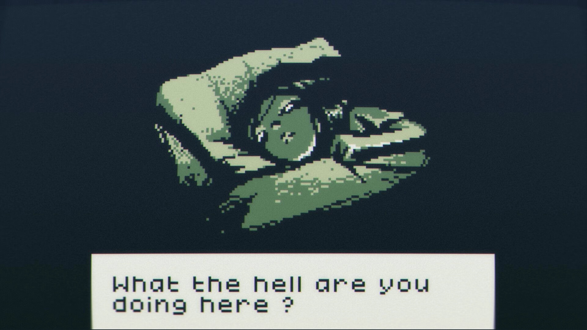 Membrane: Pixel-art close-up of a girl on a pillow with dialogue box saying "What the hell are you doing here?".