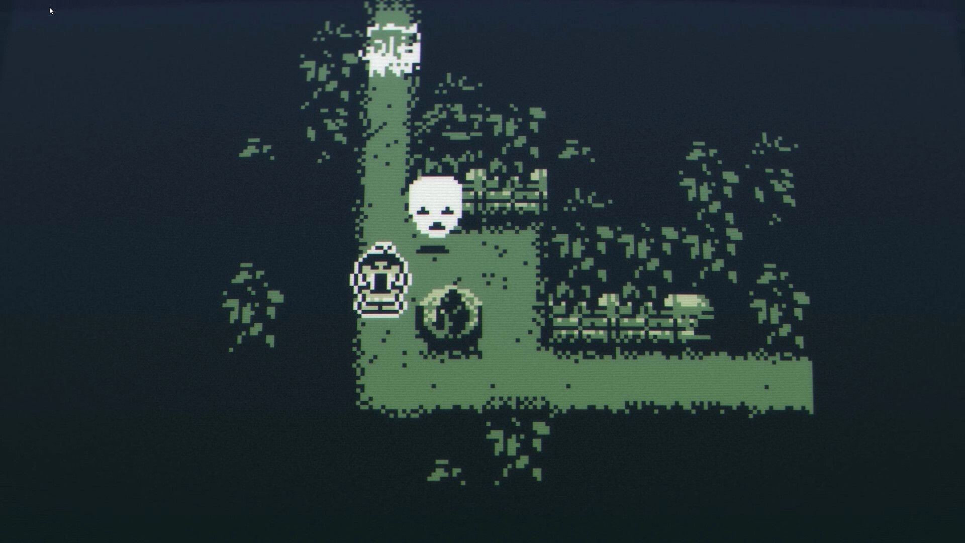 Membrane: Pixel character explores a green corridor with skull icon and vines in a dark maze area.