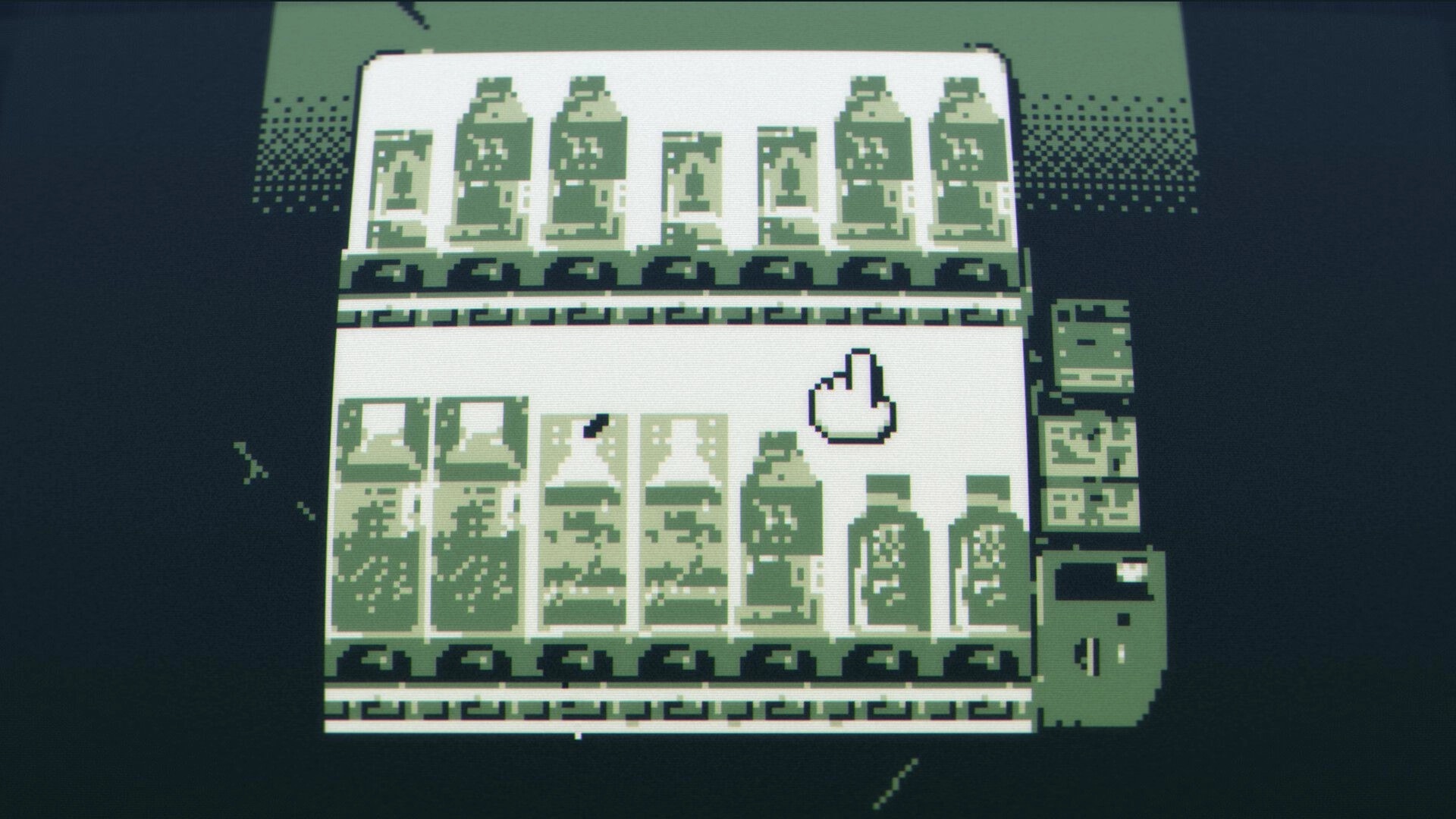 Membrane: Hand cursor selects a drink in a pixelated vending machine interface on a dark screen.