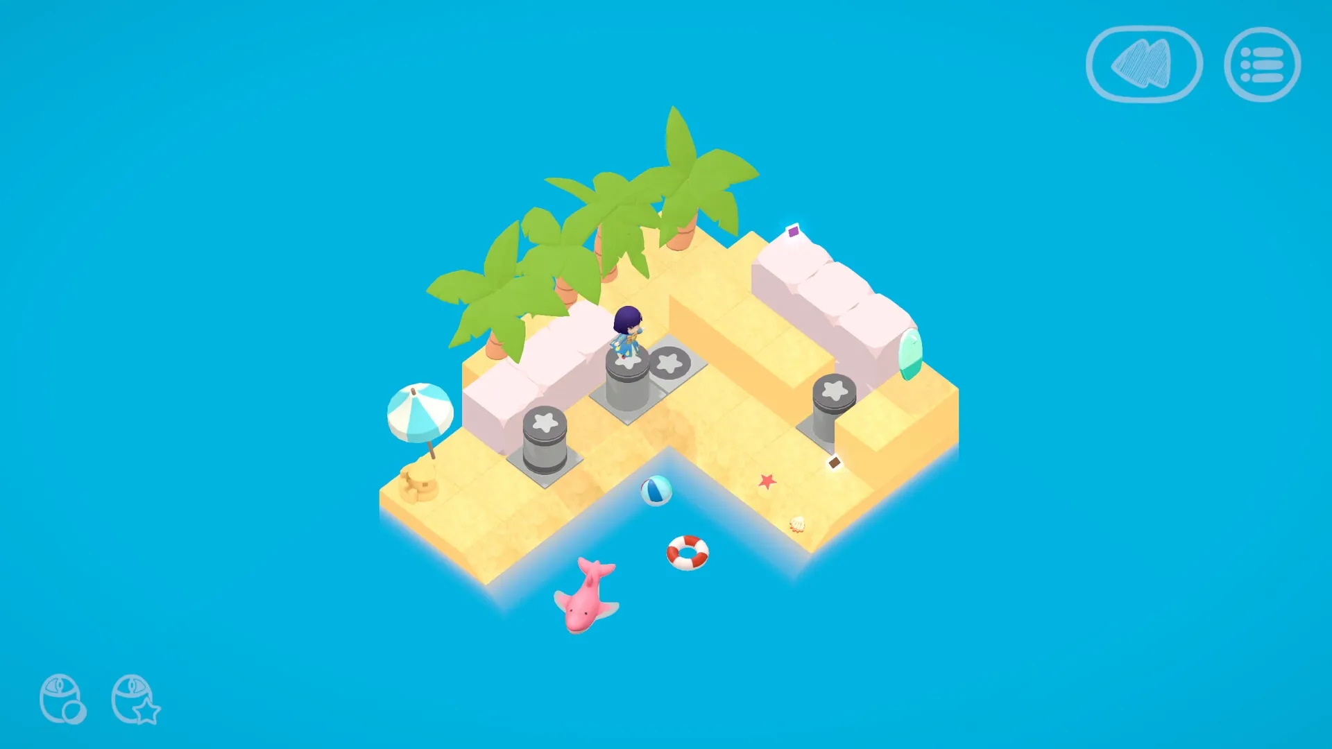 Memento Dawn: Child on sandy island puzzle with palm trees and beach items in a bright blue ocean setting.