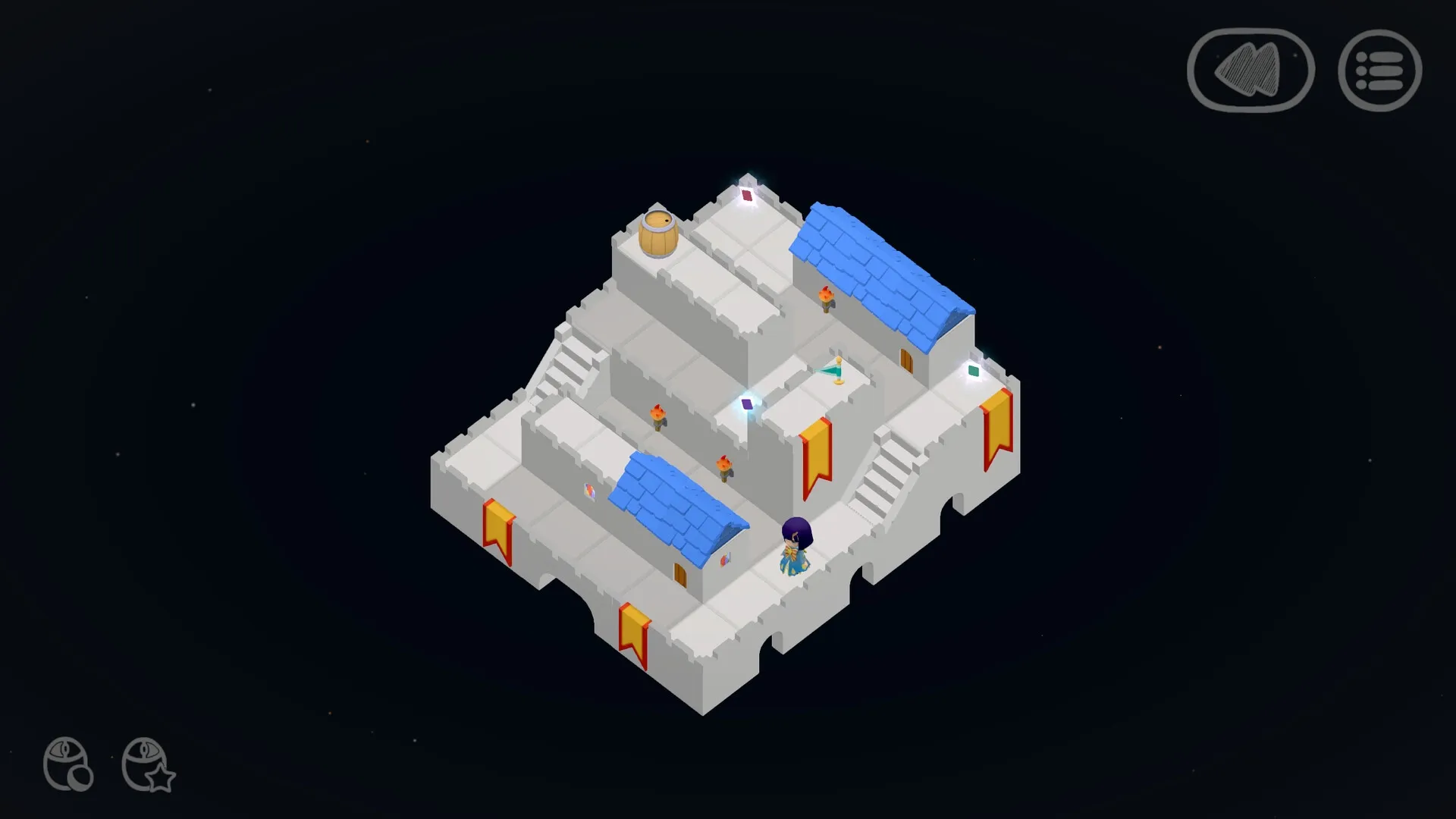 Memento Dawn: Child character explores multi-level stone structure with blue roofs in starry void