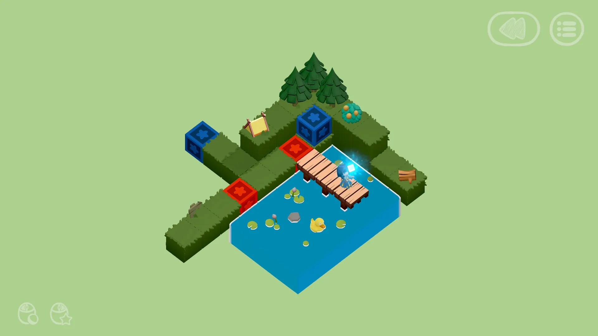 Memento Dawn: Child on wooden pier in puzzle landscape with floating duck and colorful blocks nearby