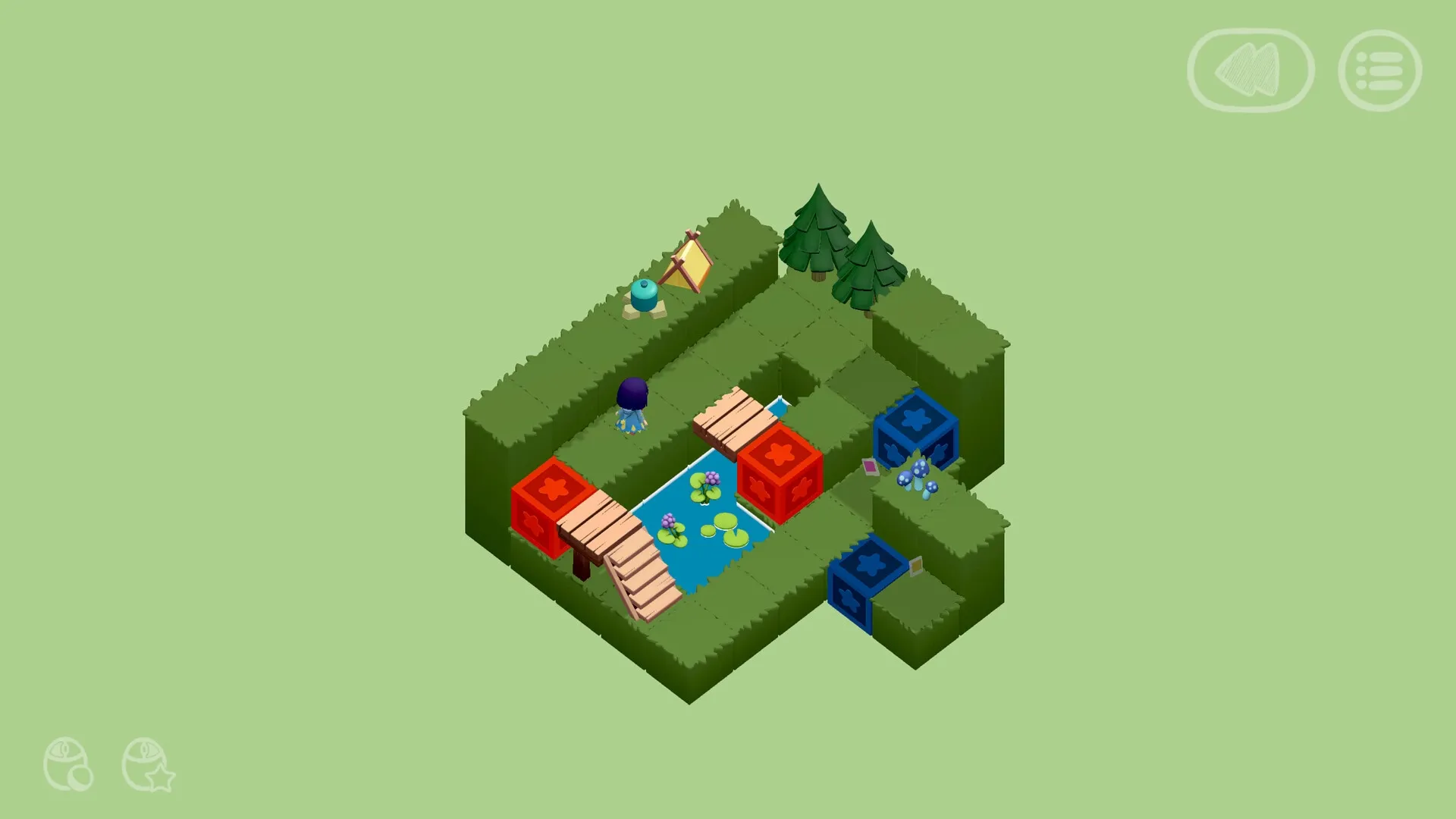 Memento Dawn: Child character navigates grassy puzzle landscape with colorful blocks and wooden bridges