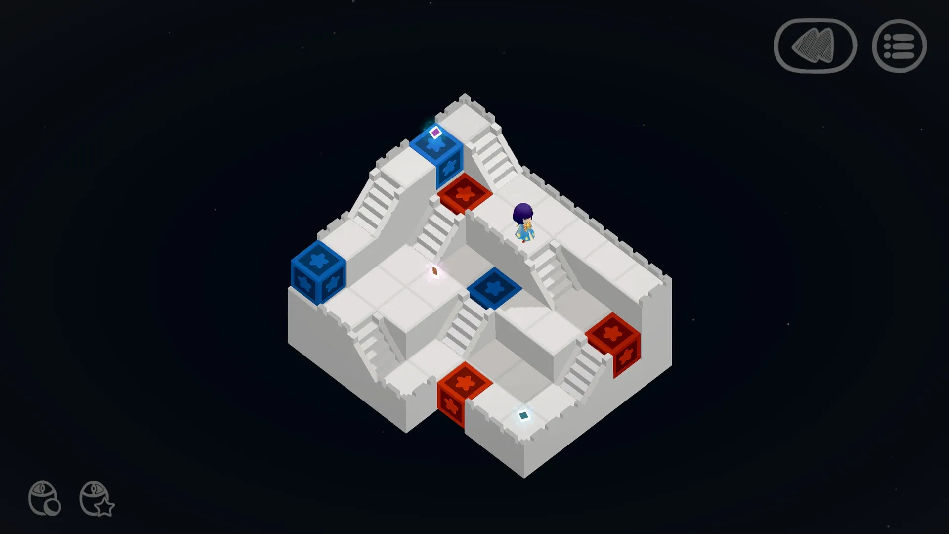 Memento Dawn: Child navigating puzzle with colorful blocks on floating platform in starry void