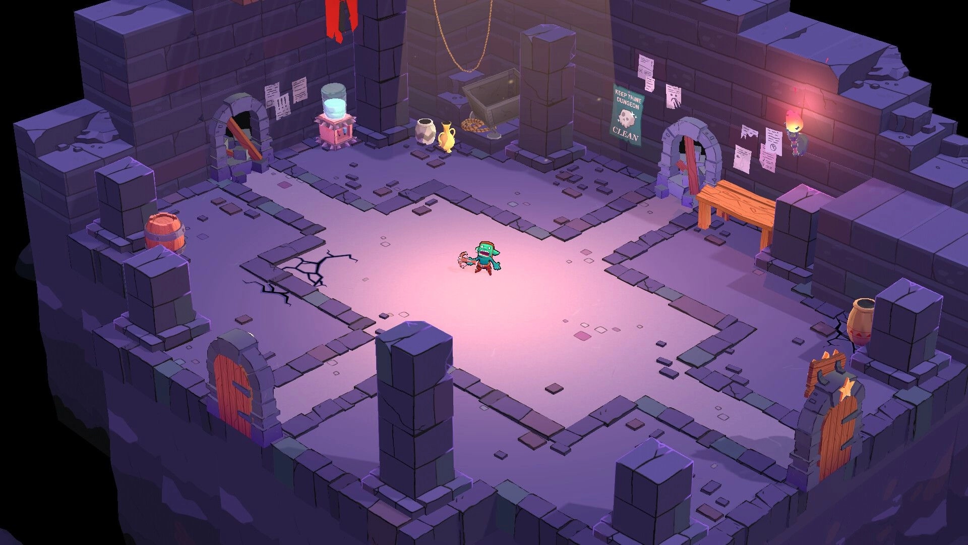 Memo to the Underlord: Lone employee in dungeon chamber with barrels, water cooler, and wall posters