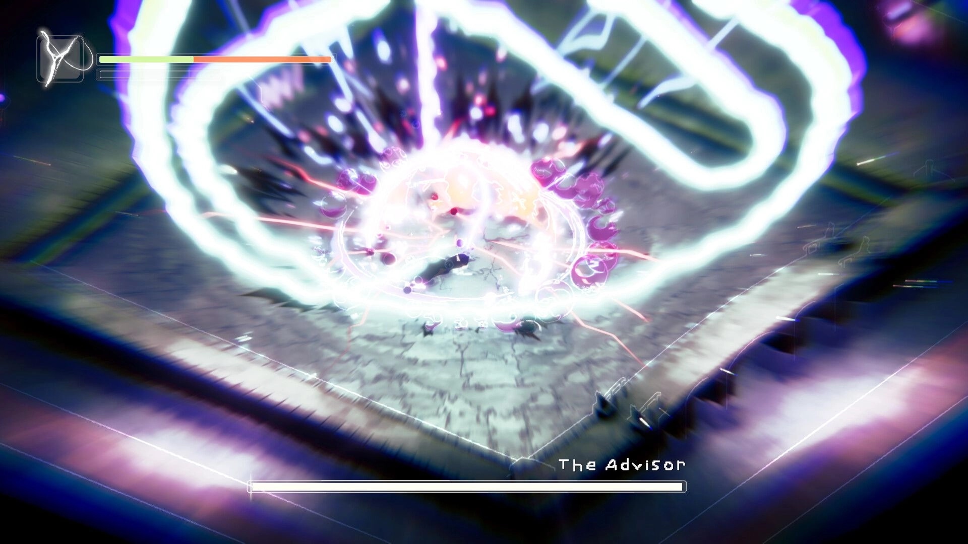 Memoria Wake: Intense battle with The Advisor, energy burst effects in a mystical stone arena.