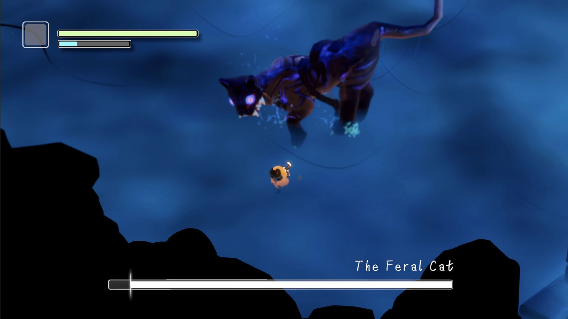 Memoria Wake: Player confronts The Feral Cat boss in a dark, ethereal dreamscape arena with health bars.