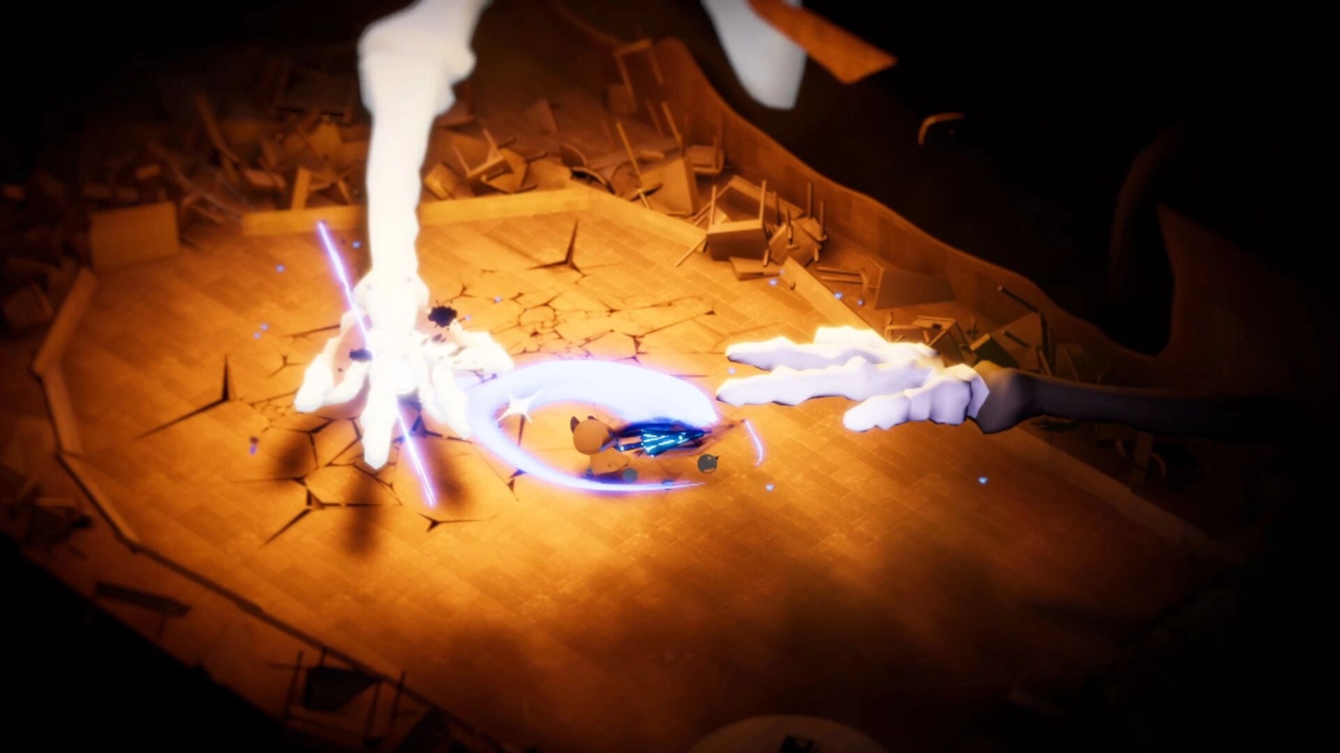 Memoria Wake: Player dodges giant skeletal hands in a crumbling arena, surrounded by debris and shadows.