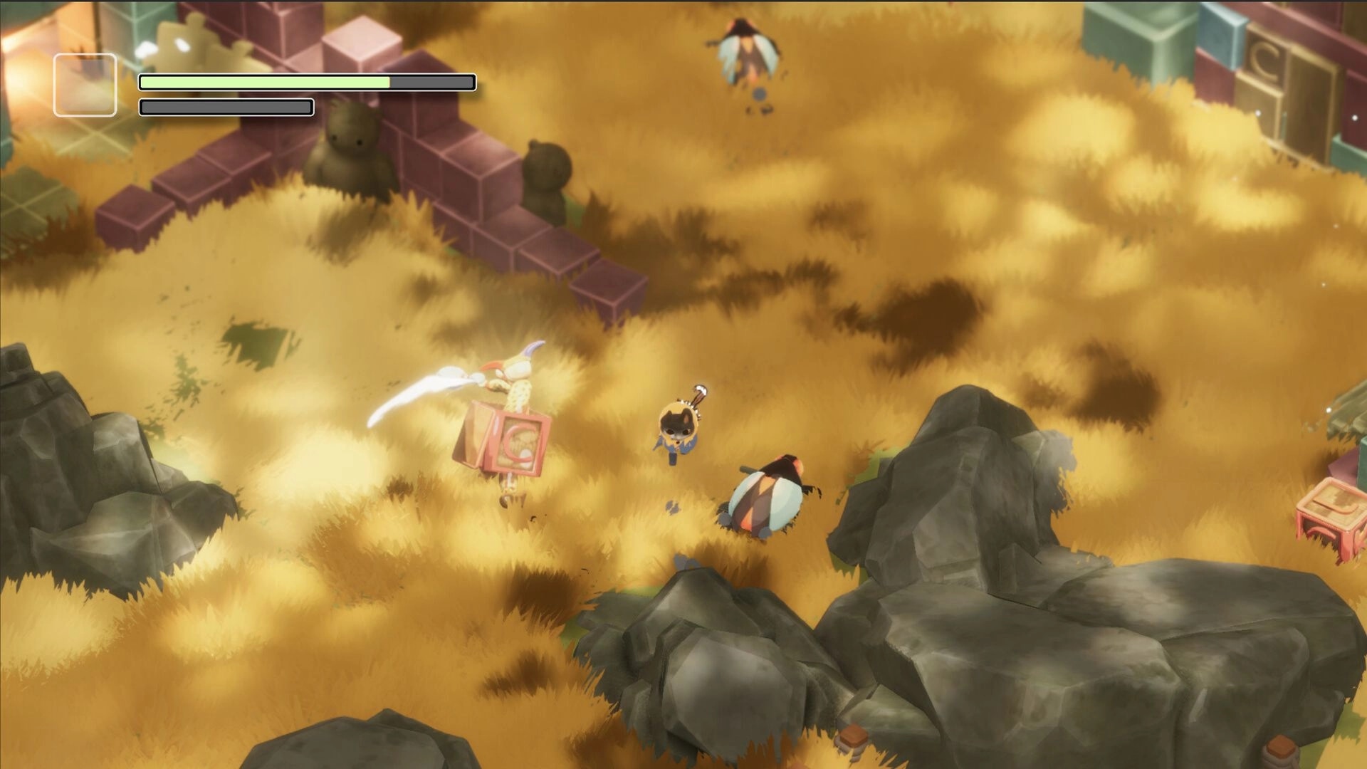 Memoria Wake: Player battles creatures in a sunlit, grassy field surrounded by rocks and brick ruins.