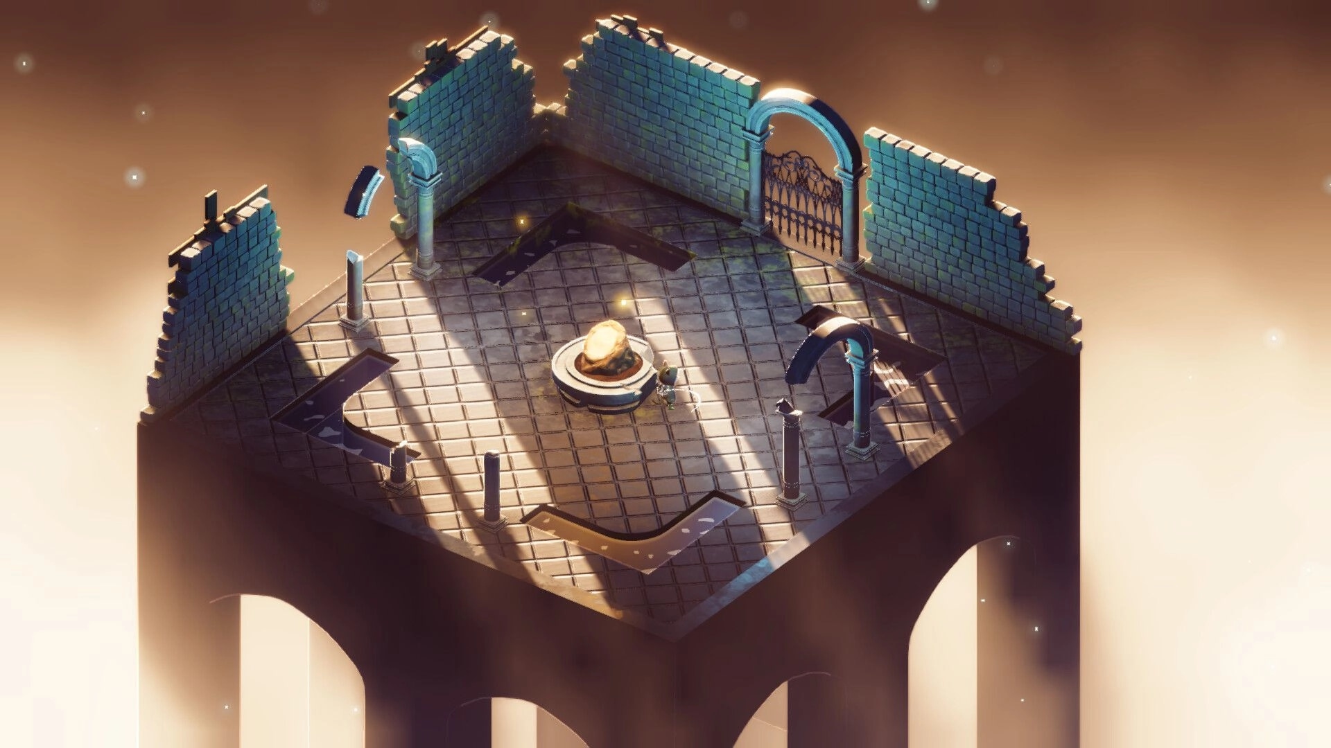 Memoria Wake: Character explores a sunlit, ruined stone platform with arches and a glowing orb centerpiece