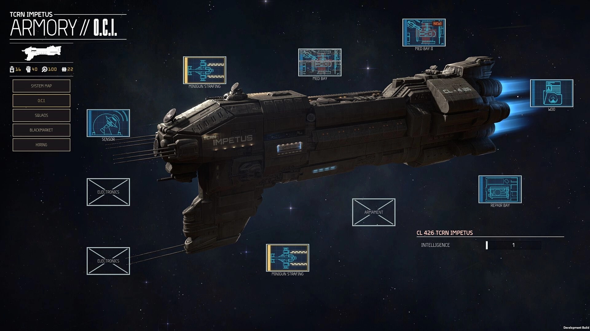 MENACE: Starship menu with various module options like sensor, med bay, and minigun strafing visible