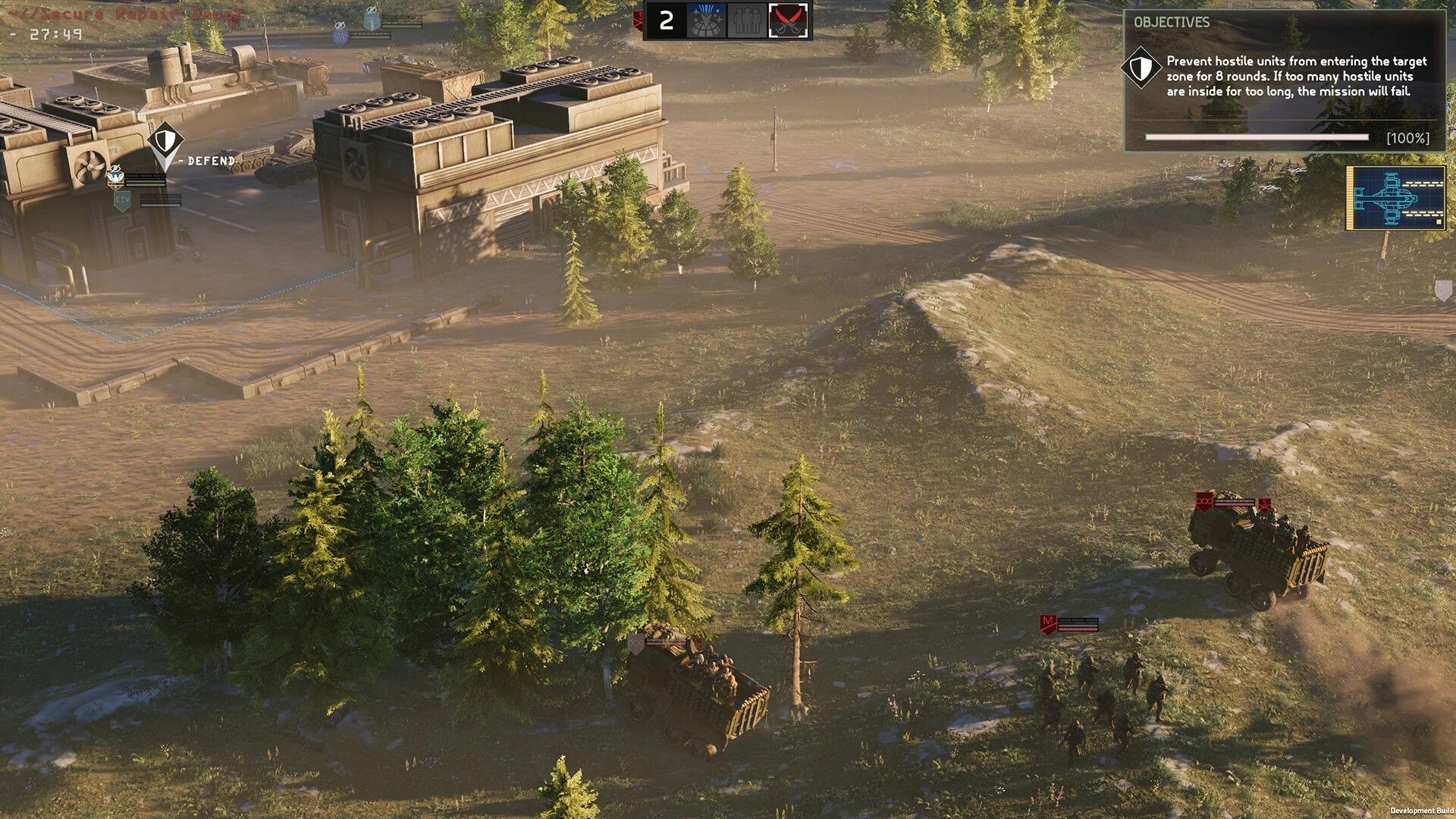 MENACE: Defend base from advancing alien troops in a forested area with tactical objectives displayed