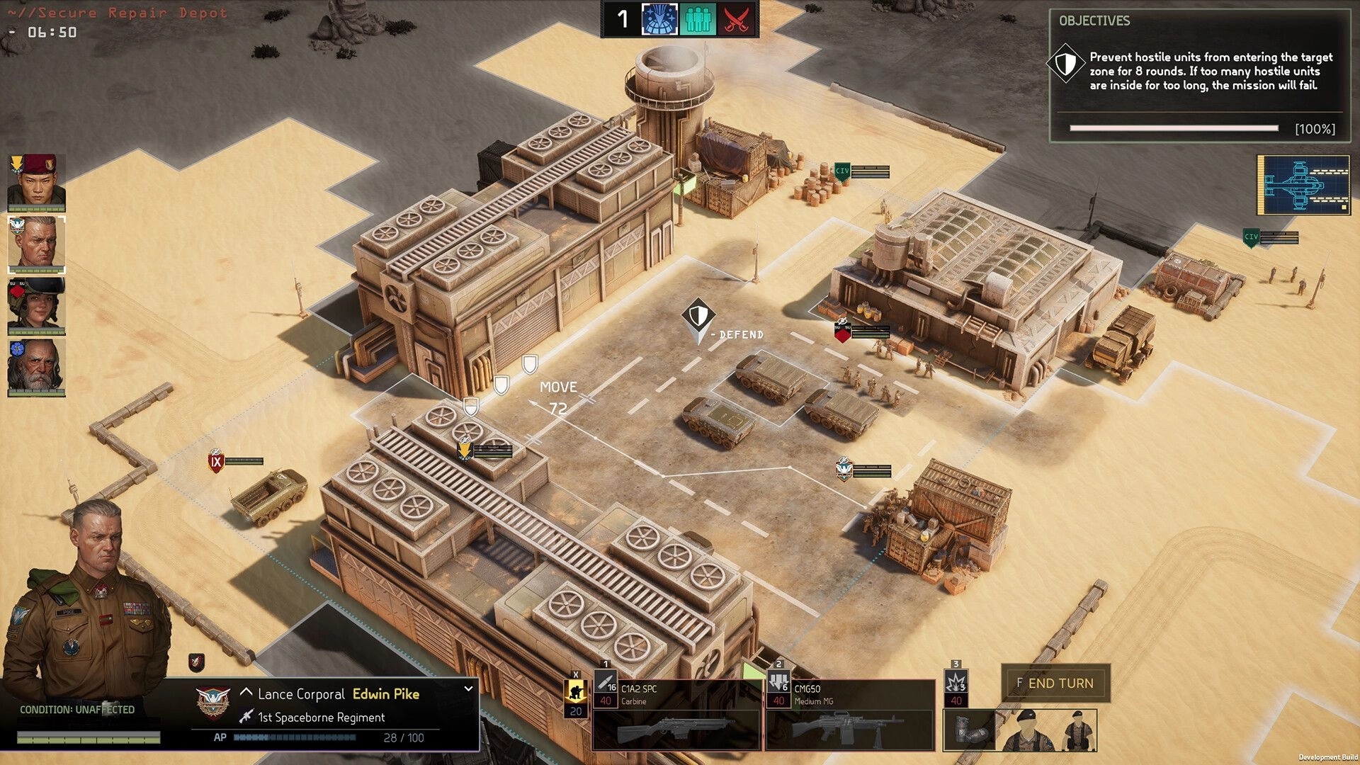 MENACE: Tactical map with Lance Corporal Edwin Pike defending a desert depot against alien forces.