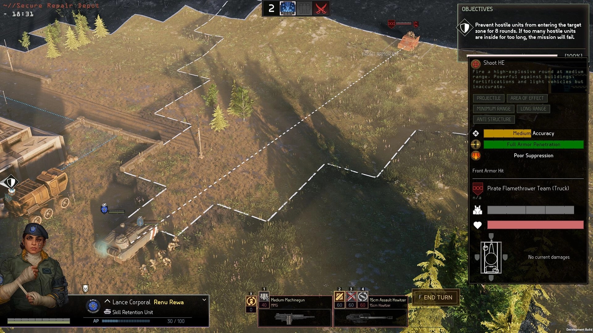 MENACE: Lance Corporal Renu Rewa strategizes near a repair depot with active objectives on screen.