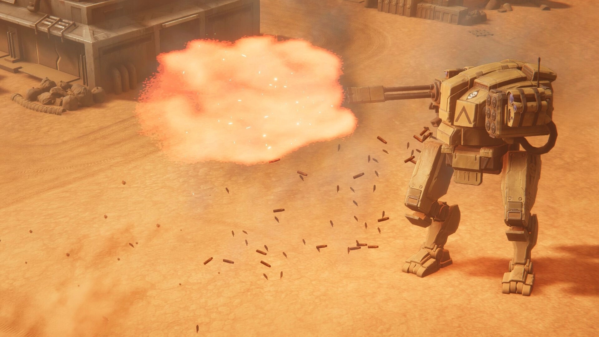 MENACE: Mech firing explosive rounds in a desert environment near a fortified structure