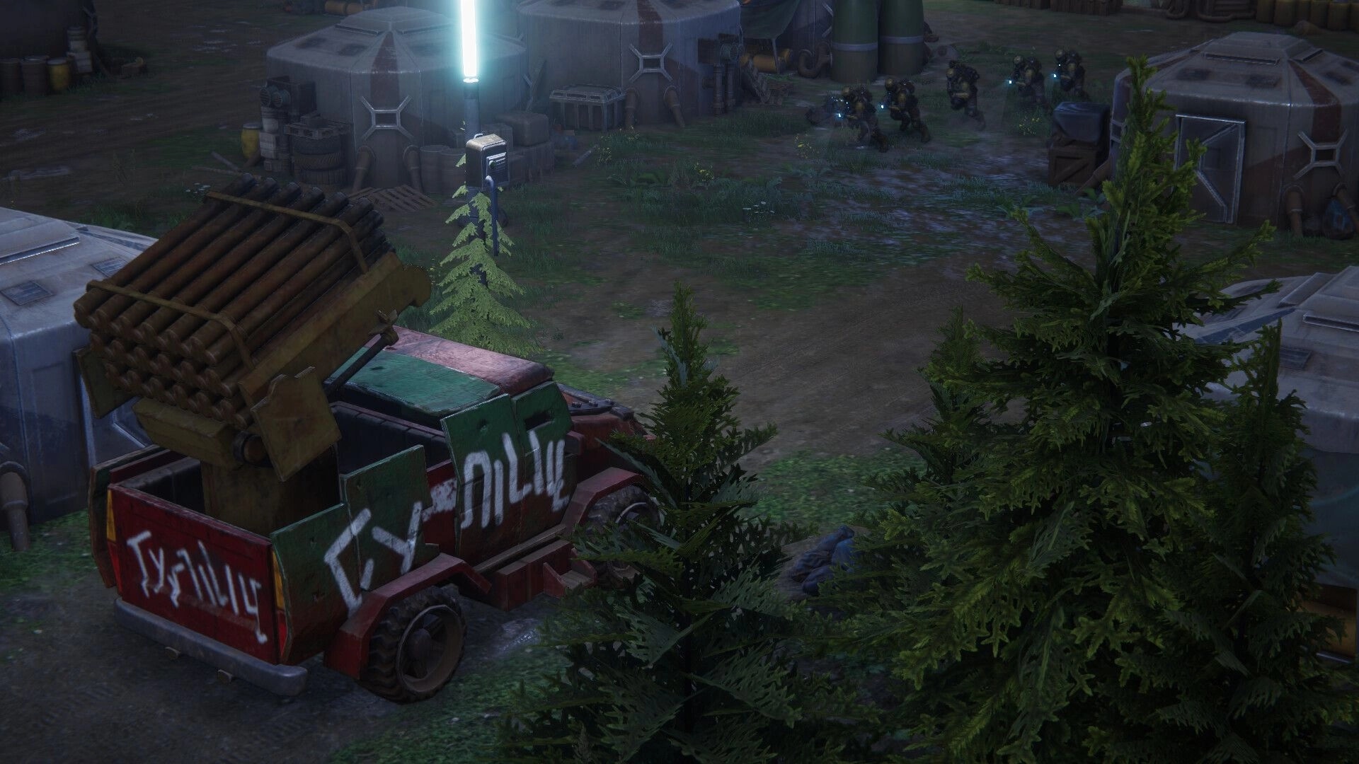 MENACE: Armored truck with missile launcher in a forest camp, soldiers advancing in the background.