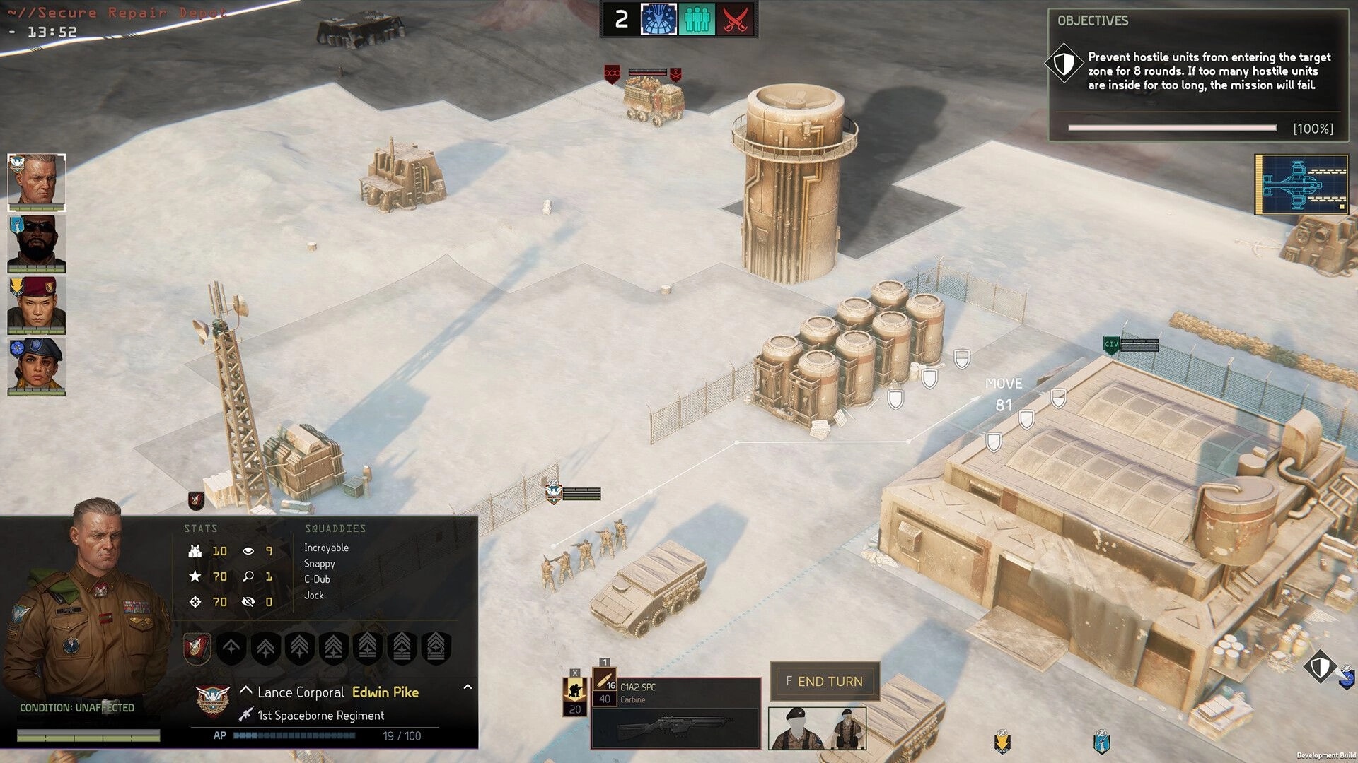 MENACE: Lance Corporal Edwin Pike leads squad in snow-covered base with objectives and stats displayed