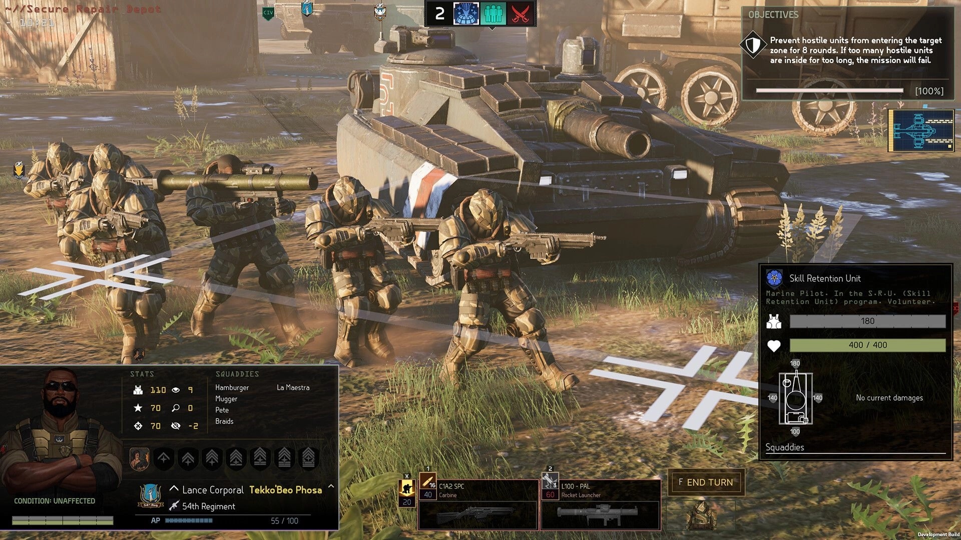 MENACE: Infantry squad with tank advances in grassy terrain, mission objectives displayed on screen