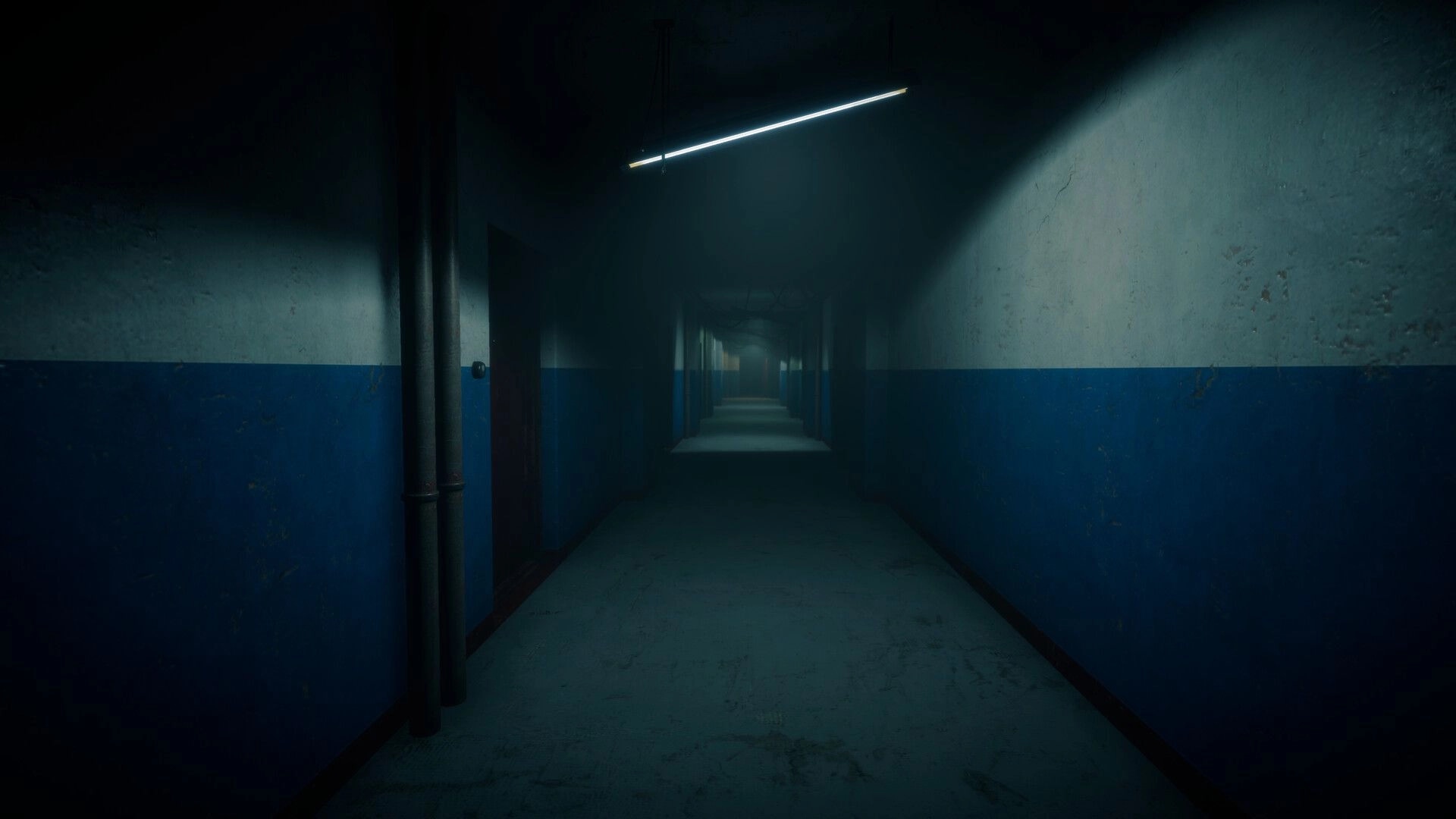 Menthal: First-person view down a dim blue-and-white corridor with doors and a flickering light overhead.