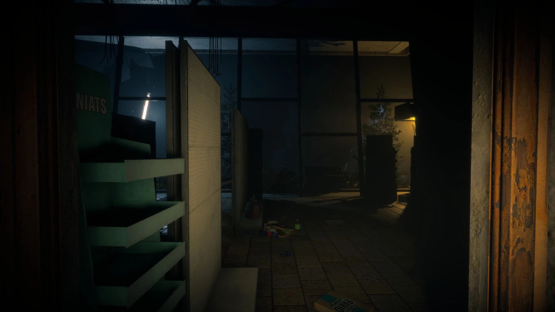 Menthal: Peering into a dim abandoned store aisle with empty shelves, debris, and foggy windows.