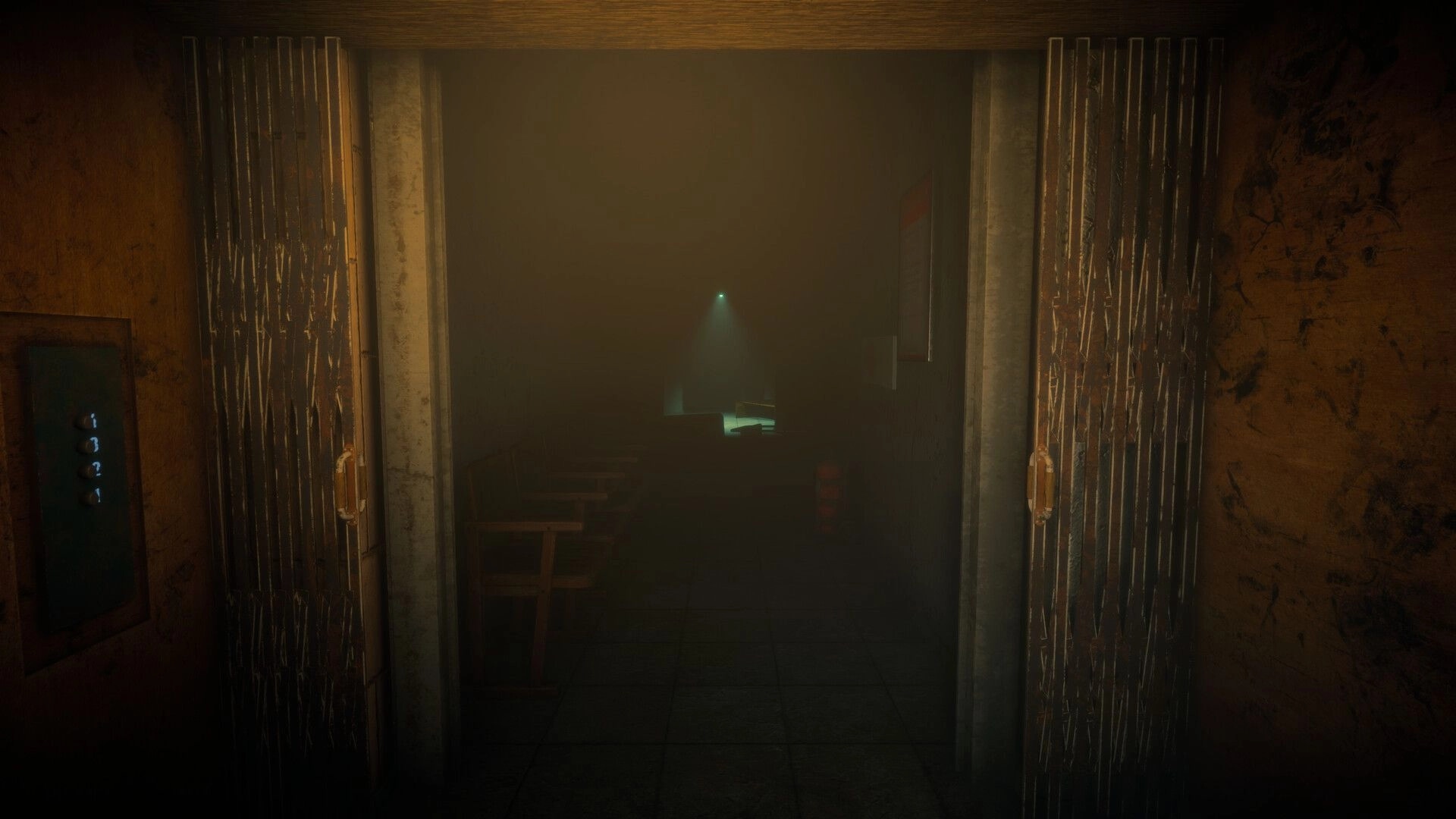 Menthal: Open double metal doors reveal a foggy room with tables and a single green light ahead.