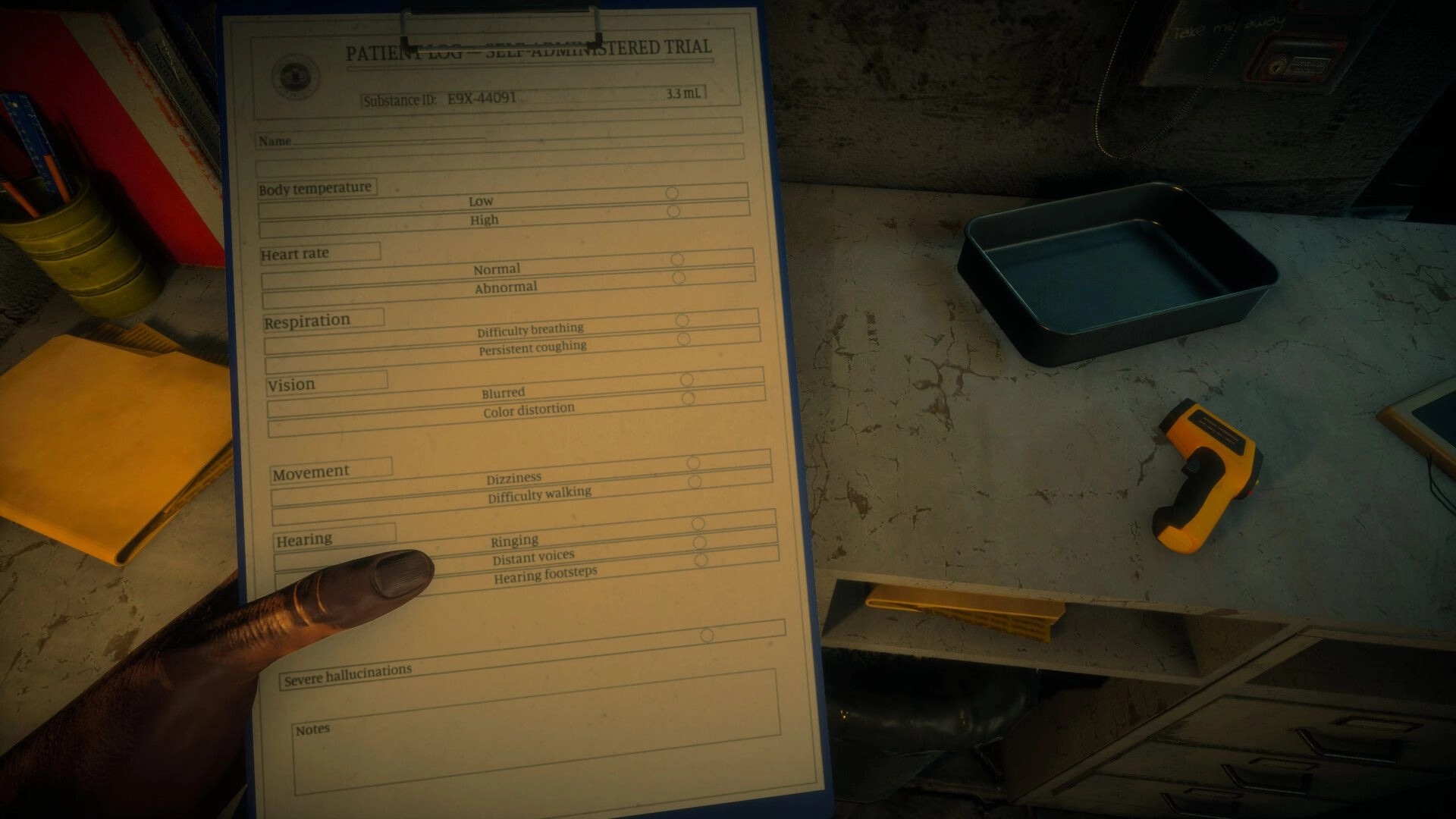 Menthal: Holding patient log checklist beside metal tray and thermometer on grimy lab desk.