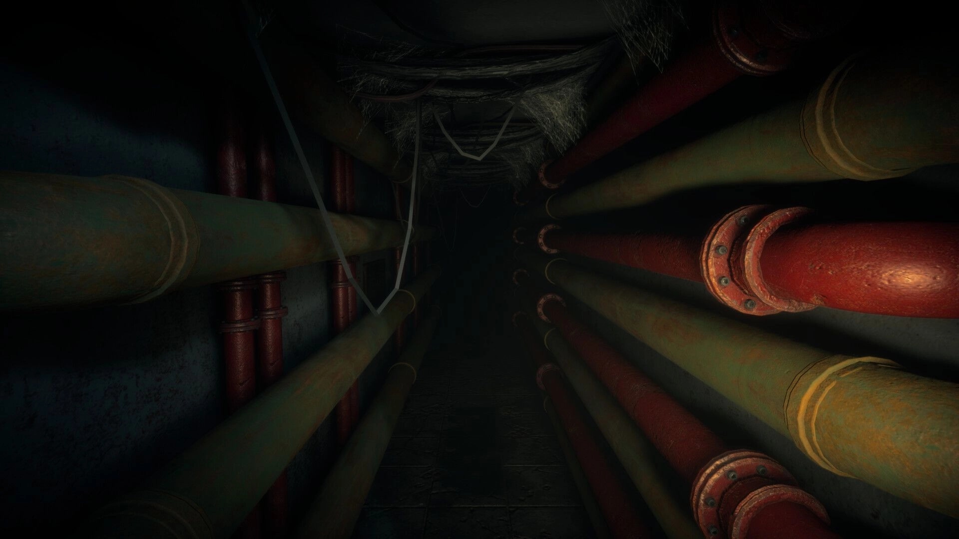 Menthal: First-person view down a dark maintenance corridor lined with red and green pipes overhead.