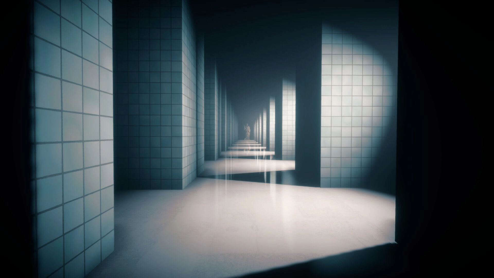 Menthal: First-person view down a tiled corridor with repeating pillars and a distant figure ahead.