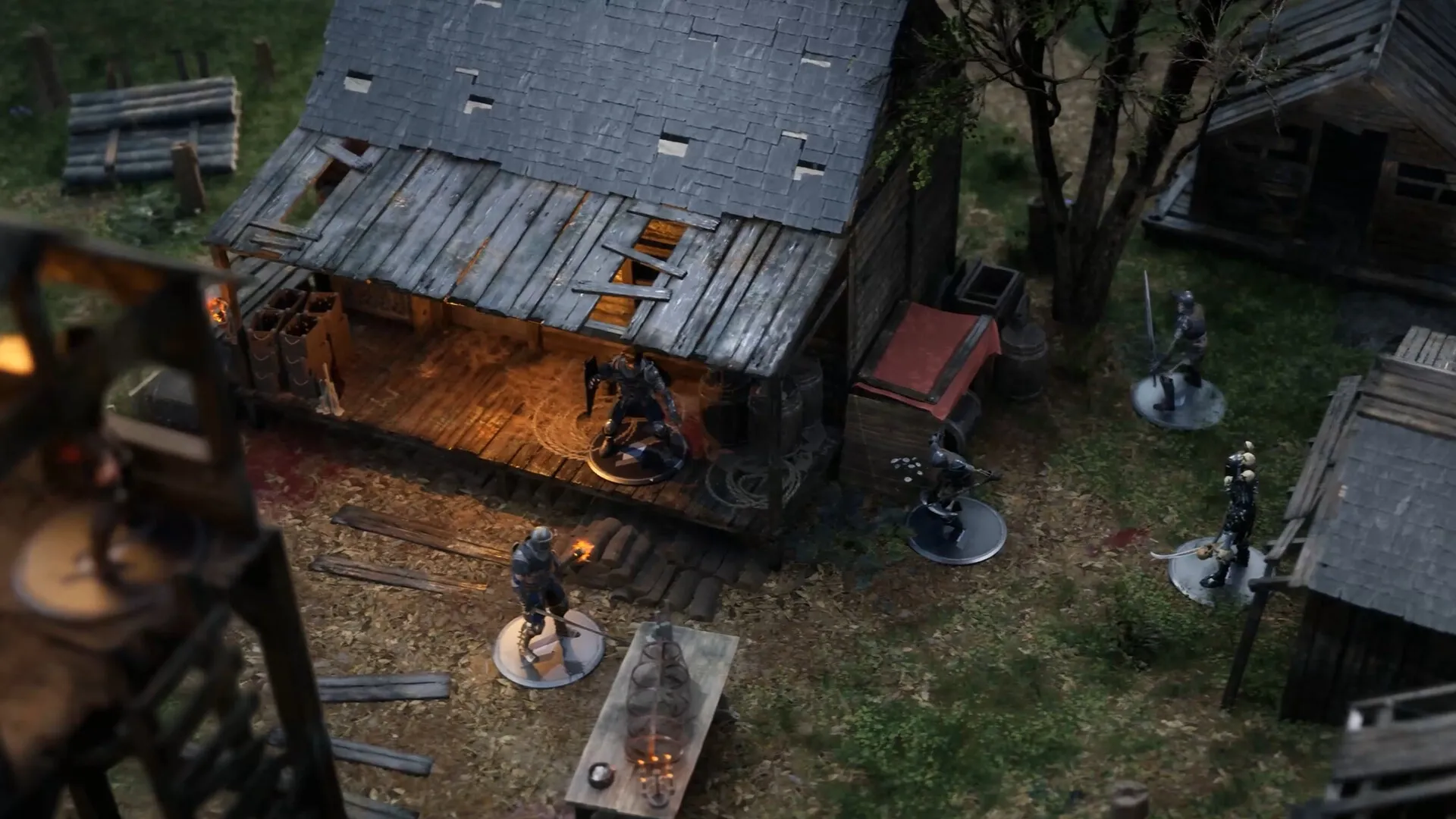 Menyr: Characters explore a rustic cabin exterior in a forest setting with tactical miniatures.