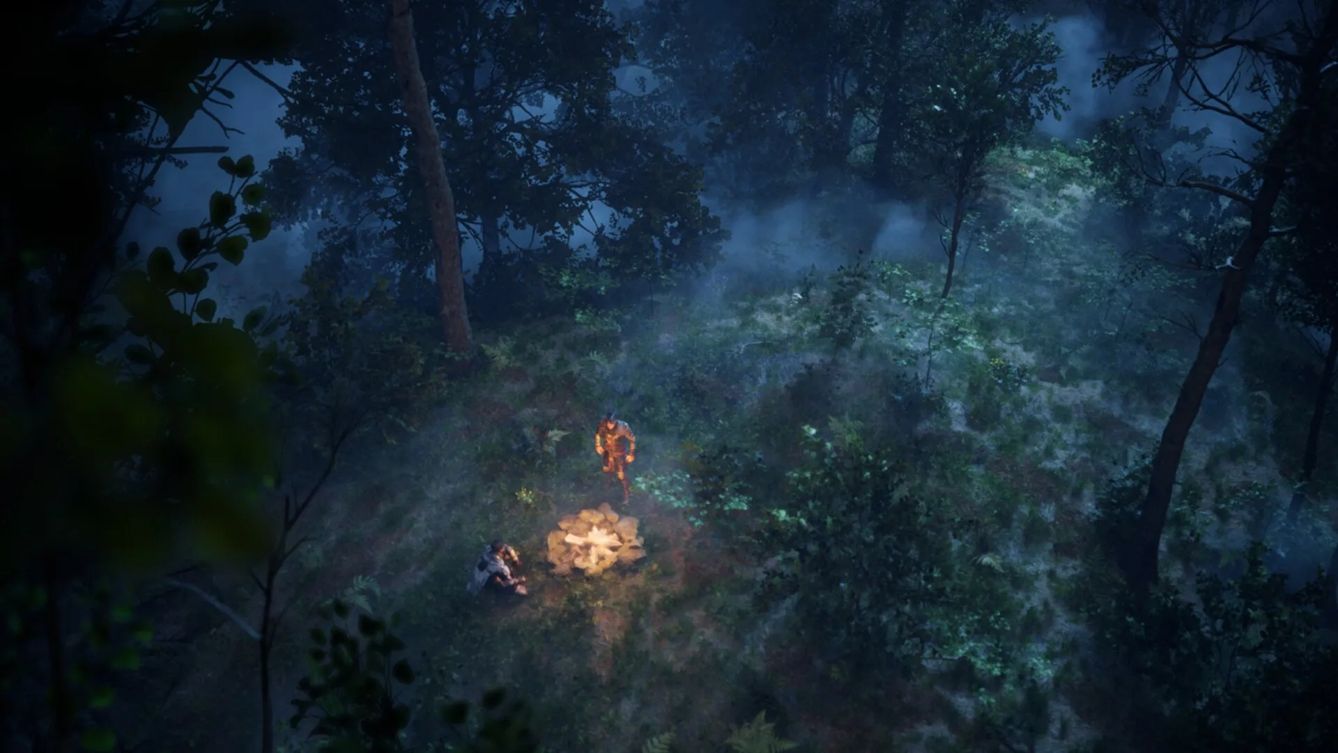 Menyr: Two characters gather around a glowing campfire in a dense, misty forest setting at night.