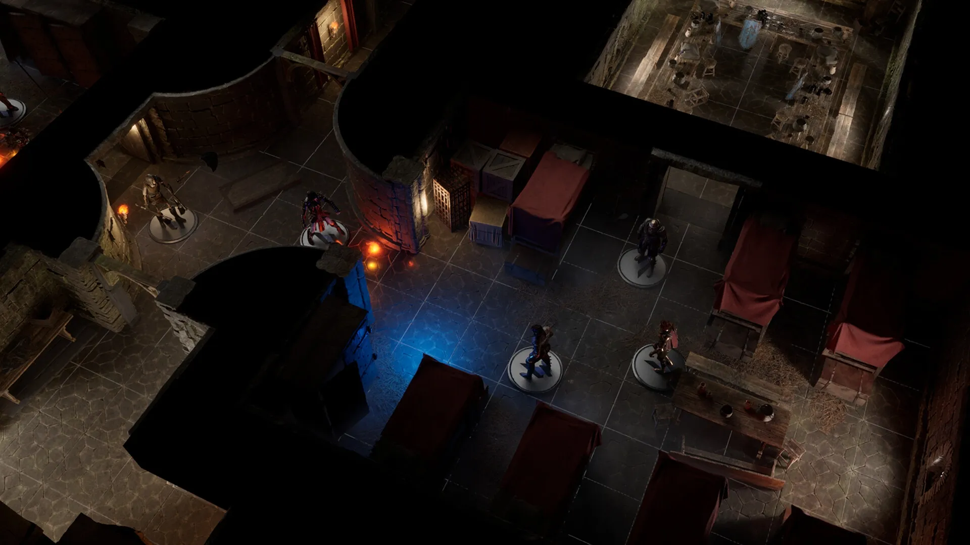 Menyr: Adventurers exploring dimly lit dungeon corridors with beds, crates, and a large dining area nearby.