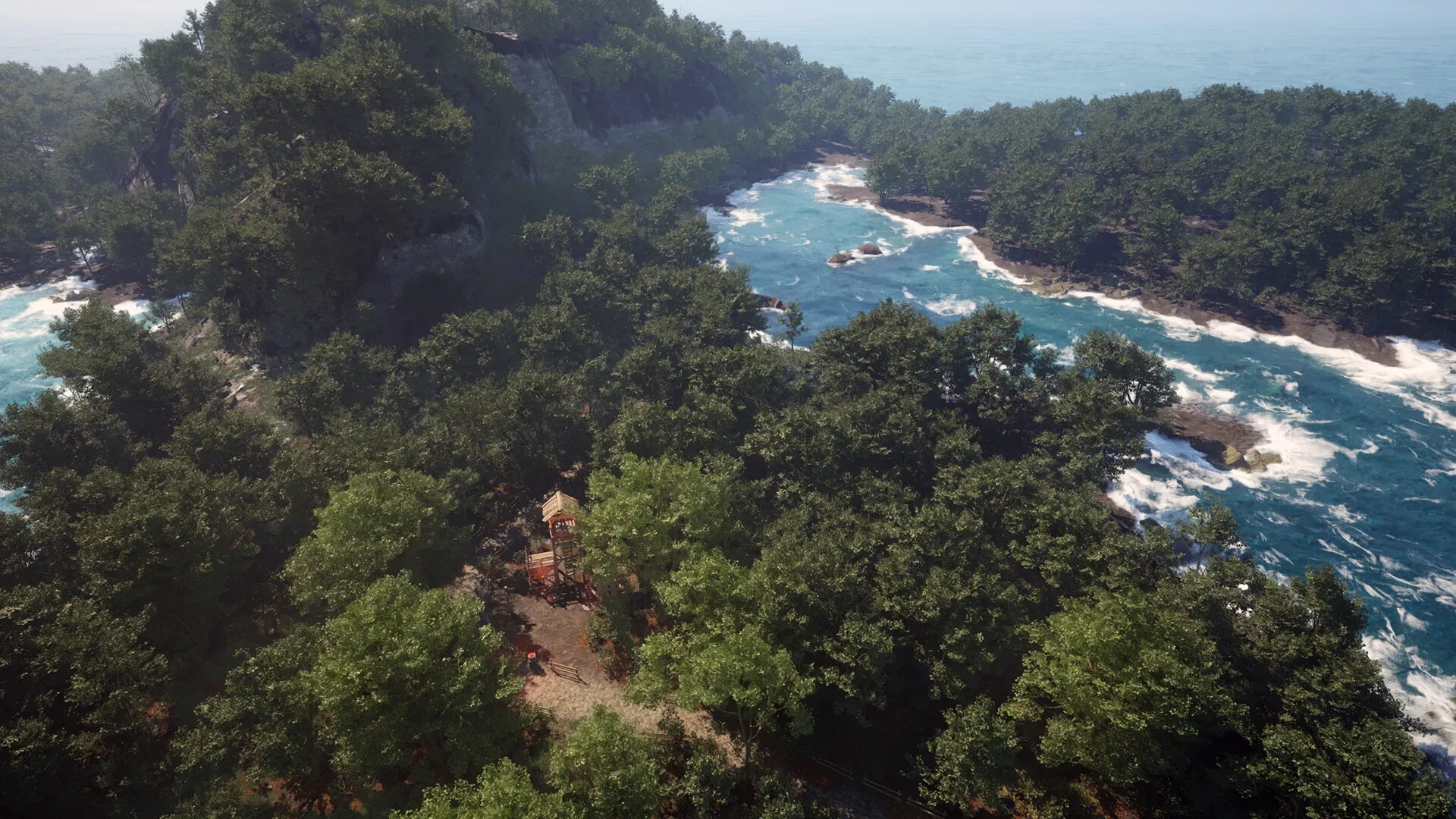 Menyr: Aerial view of a lush forested area with a river flowing through cliffs and a small structure nearby.