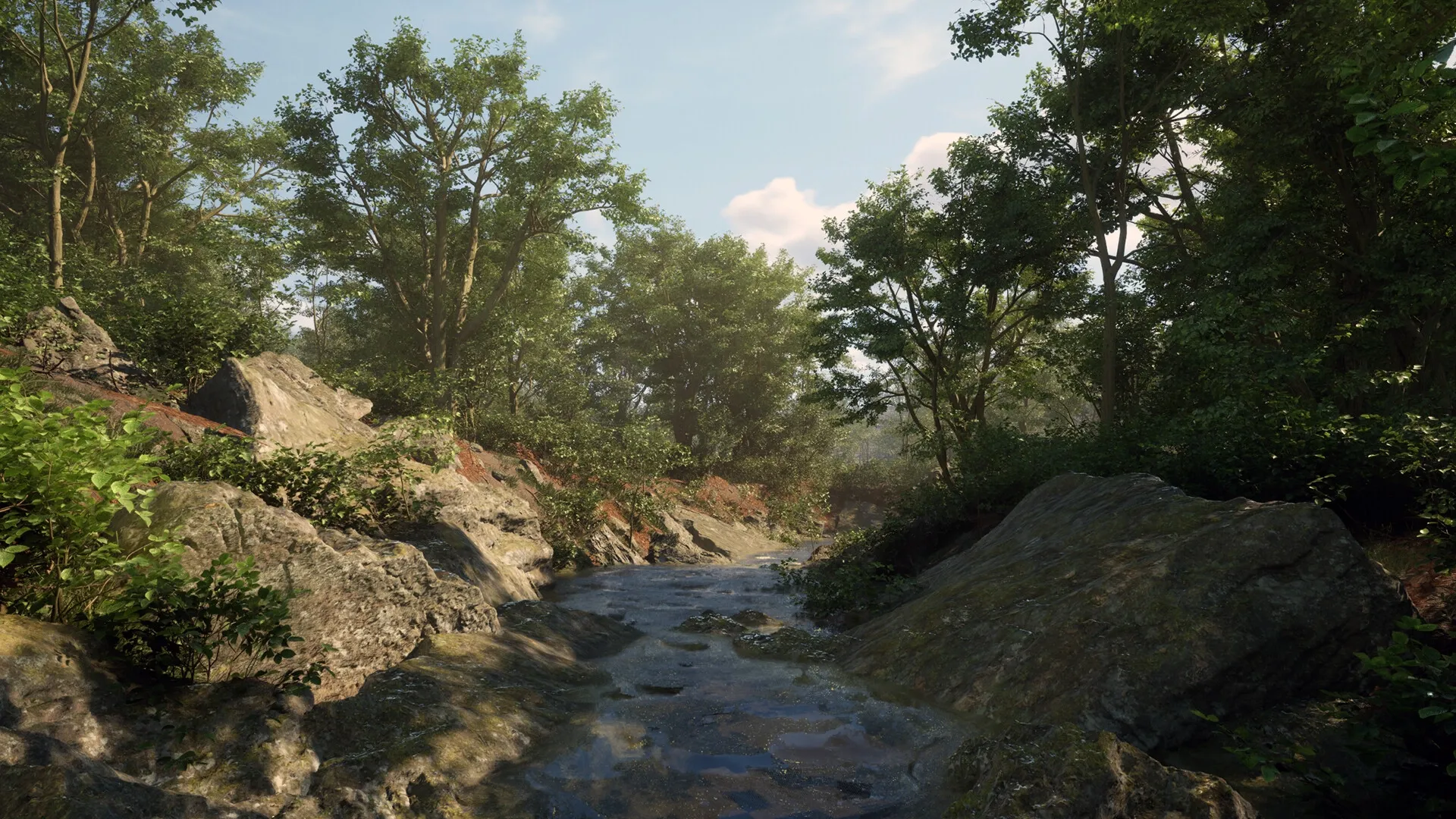 Menyr: Serene forest stream with lush greenery and rocky terrain under a bright blue sky.