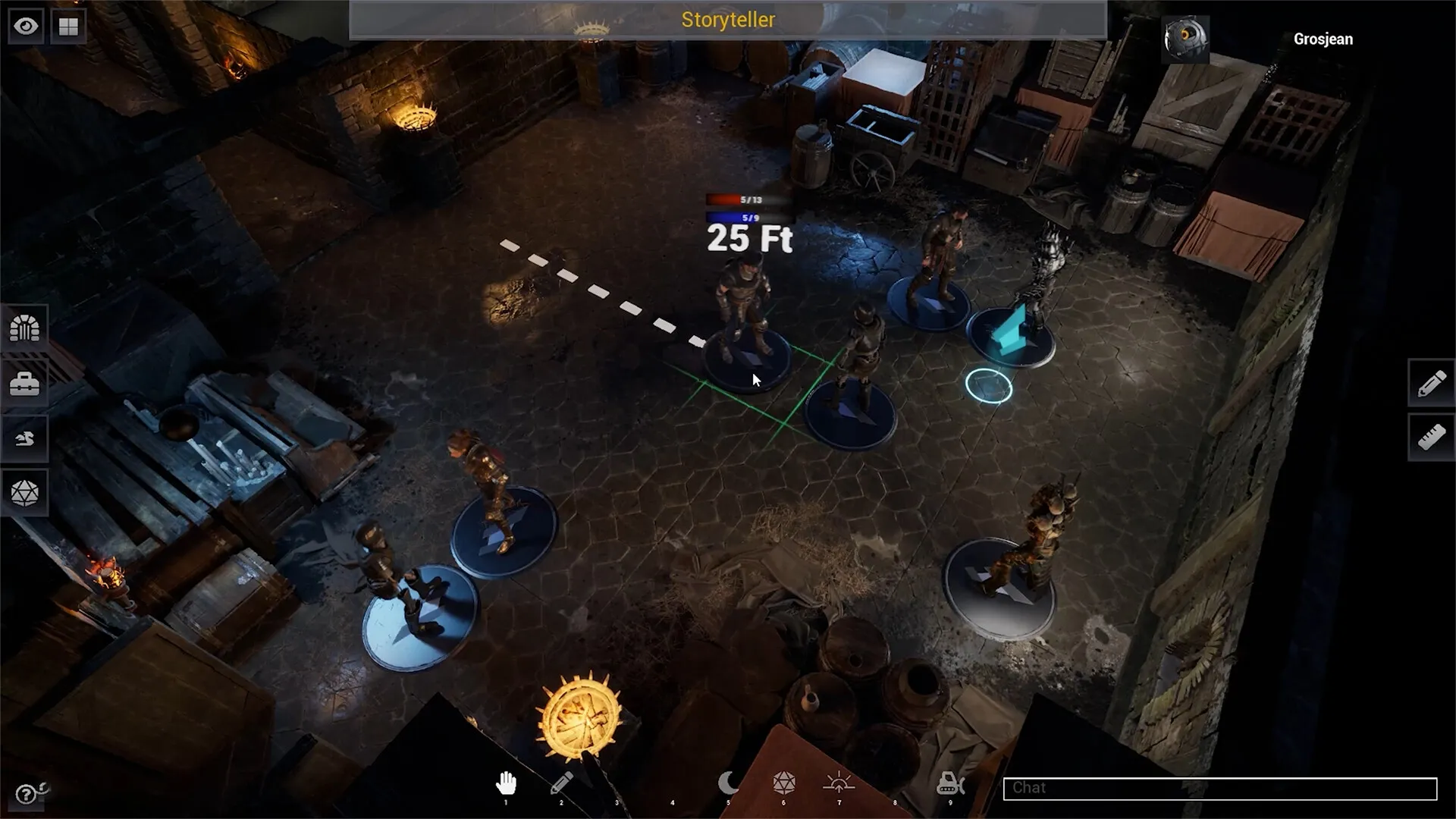 Menyr: Tactical dungeon encounter with multiple characters in a dimly lit stone chamber environment