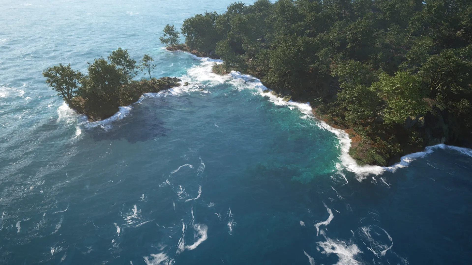Menyr: Aerial view of a lush island surrounded by ocean waves in a vibrant, detailed coastal environment.