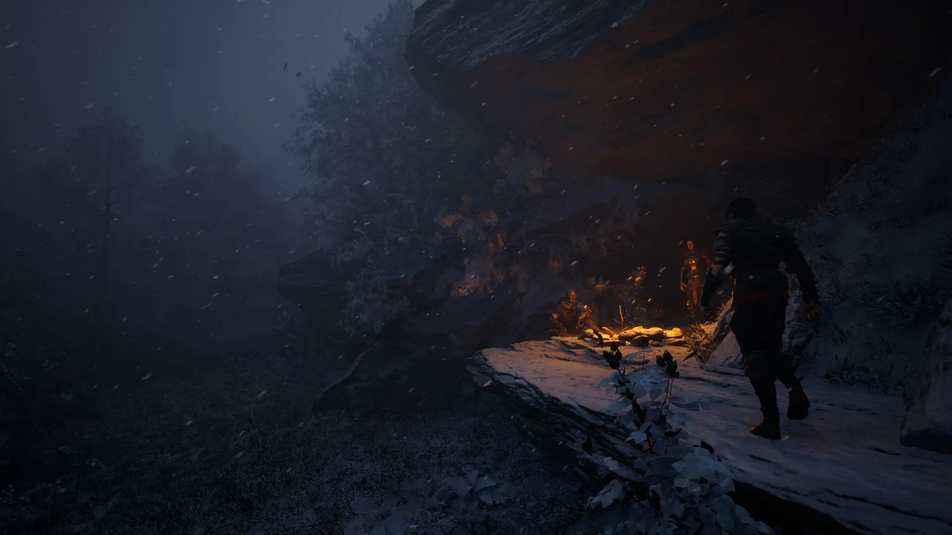 Menyr: Two characters gather around a glowing campfire on a snowy cliff during a dark, snowy night.