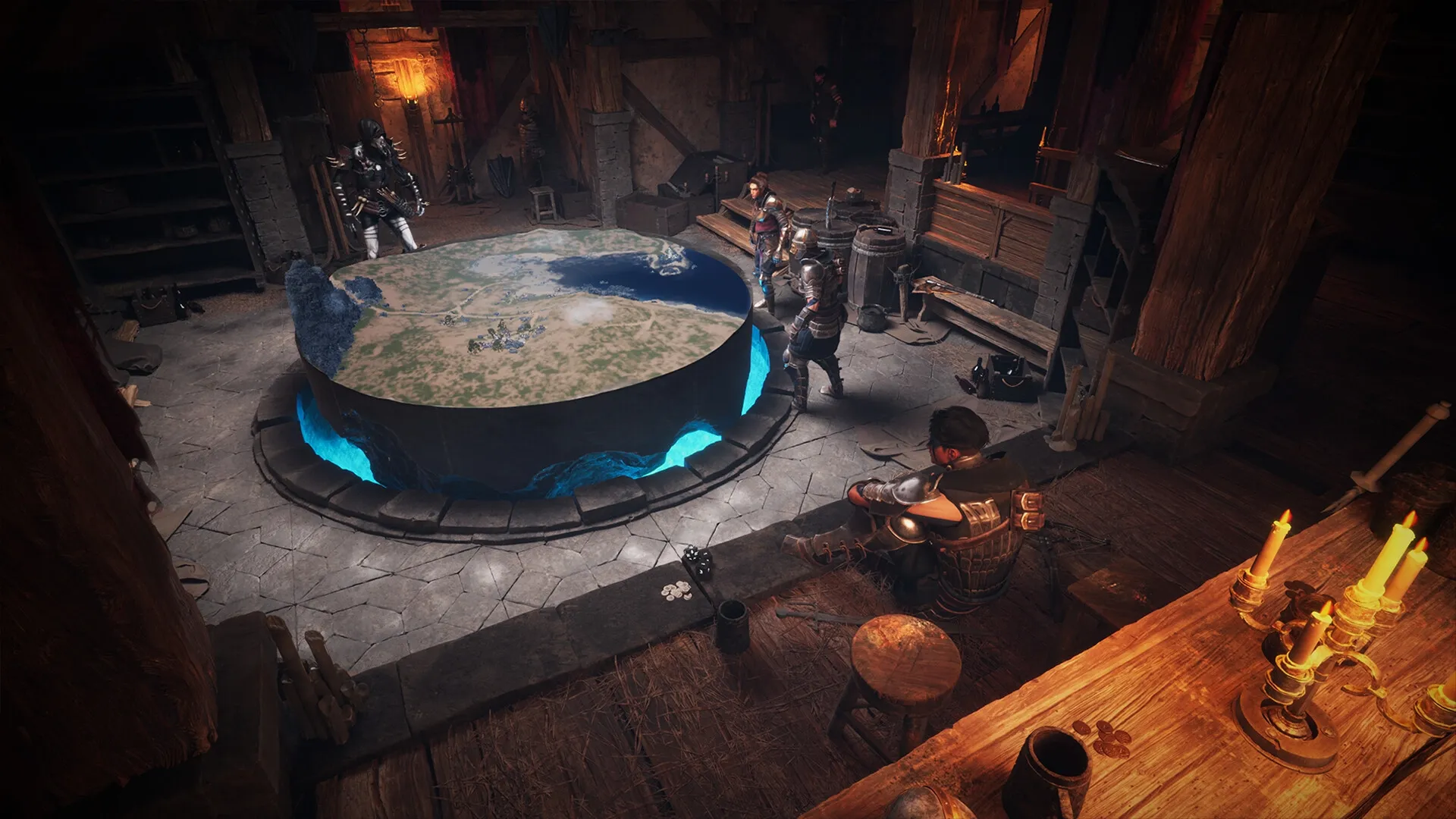 Menyr: Adventurers gather around glowing map table in dimly lit stone tavern with wooden beams