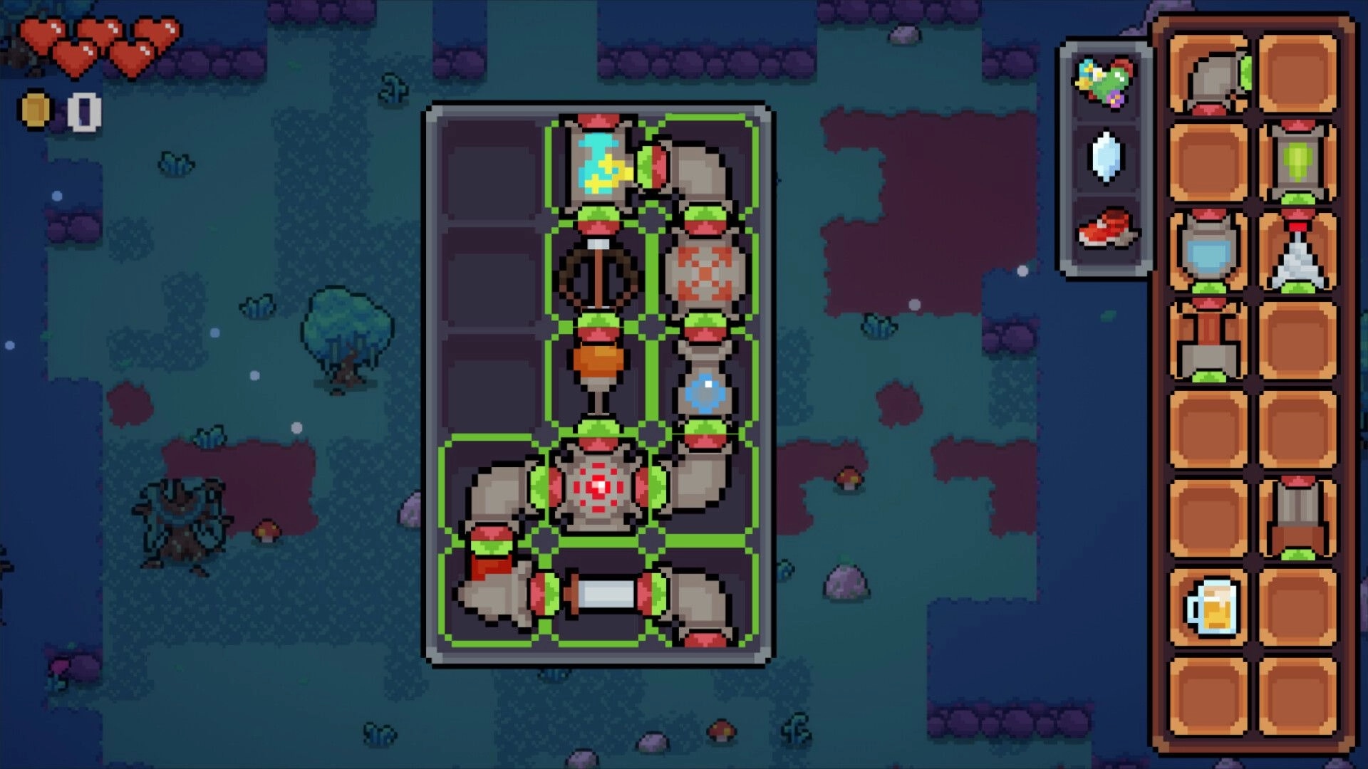 Meowmunitions: Inventory and crafting grid with gun components in a pixelated forest environment.