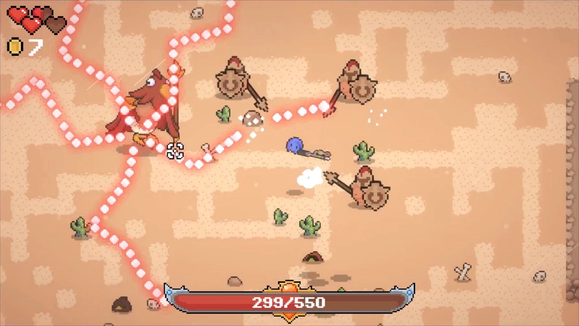 Meowmunitions: Cat dodging bird attacks in desert arena with health and coin UI in the top corner