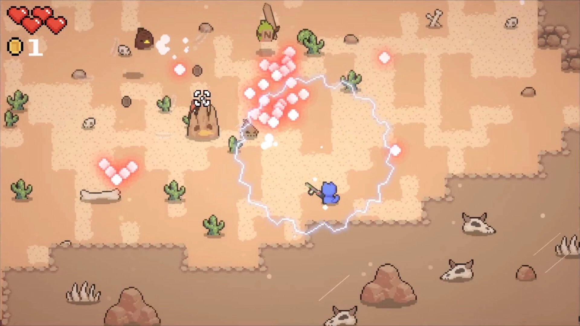 Meowmunitions: Blue cat character shooting at birds in a desert maze with health and coin UI visible