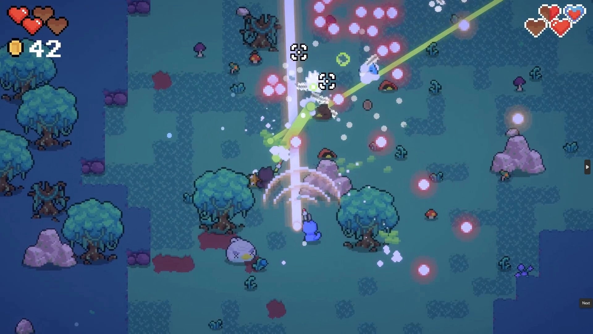 Meowmunitions: Cat firing at birds among trees with hearts and coins displayed in forest setting