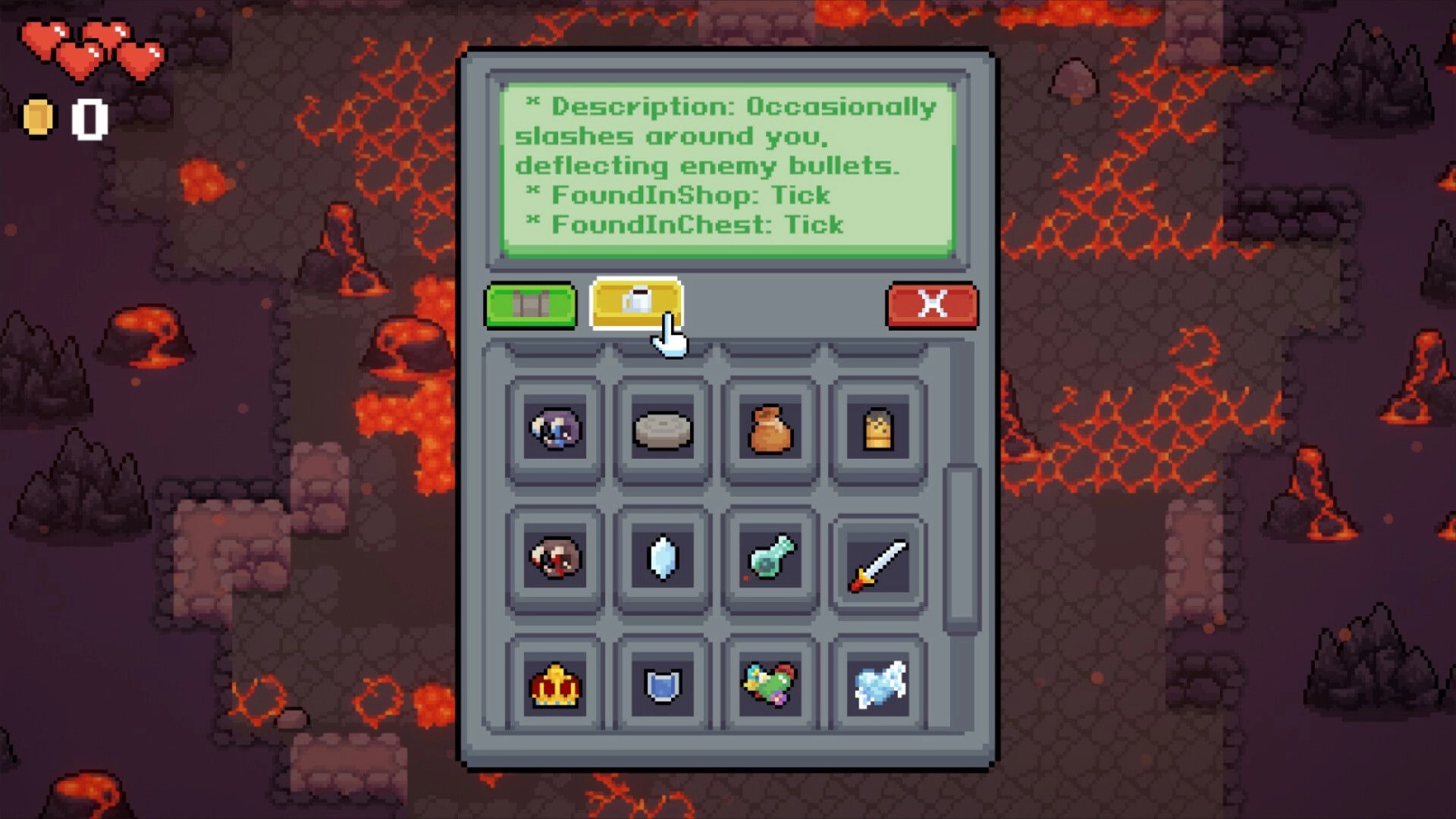 Meowmunitions: Inventory management in a fiery lava cavern with item description and heart UI visible